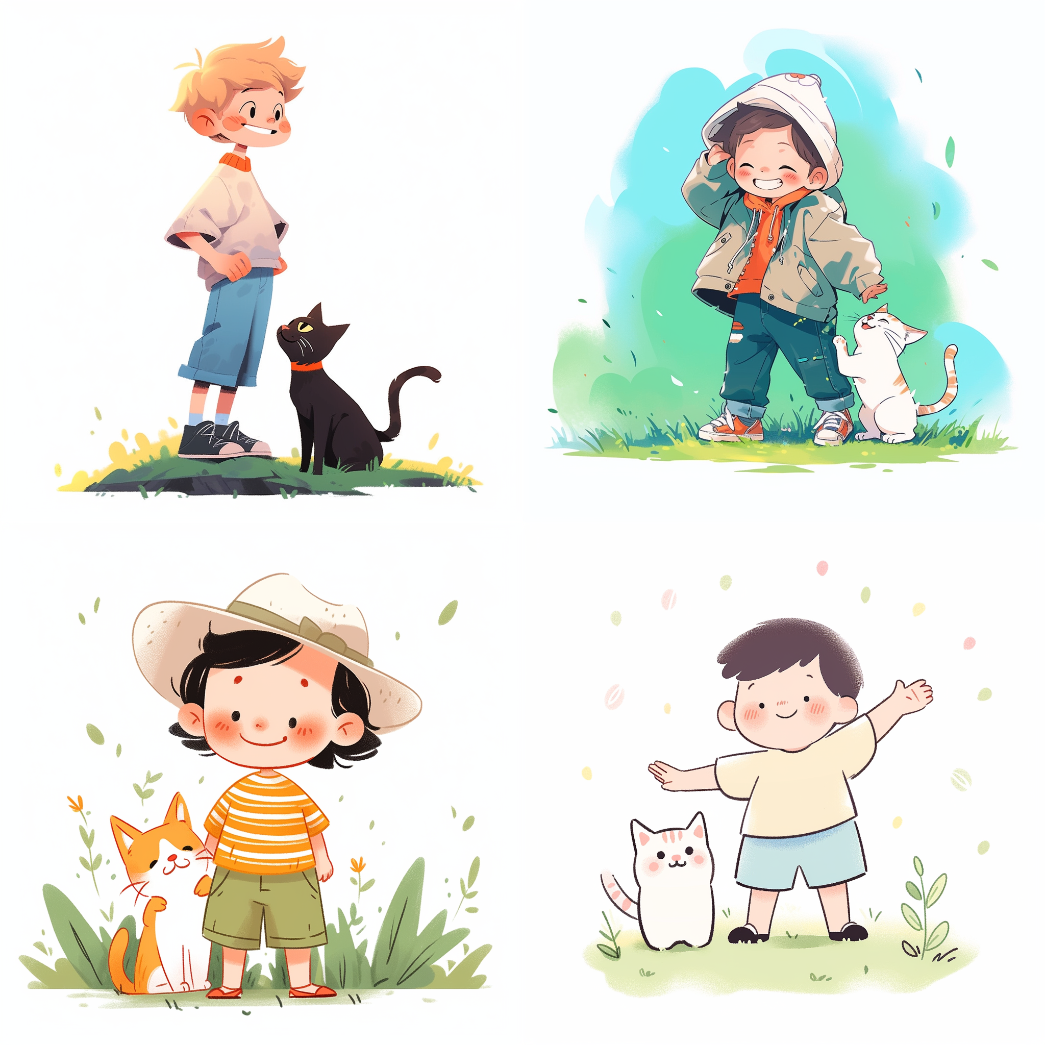 简笔画酷酷男孩和一只小猫，白色背景，线条简洁，明快的颜色，轻松活泼，童真可爱，温馨感。简洁线条，对比强烈，草坪上，彩色，广角镜头，自然光，互动，笑容，快乐。
