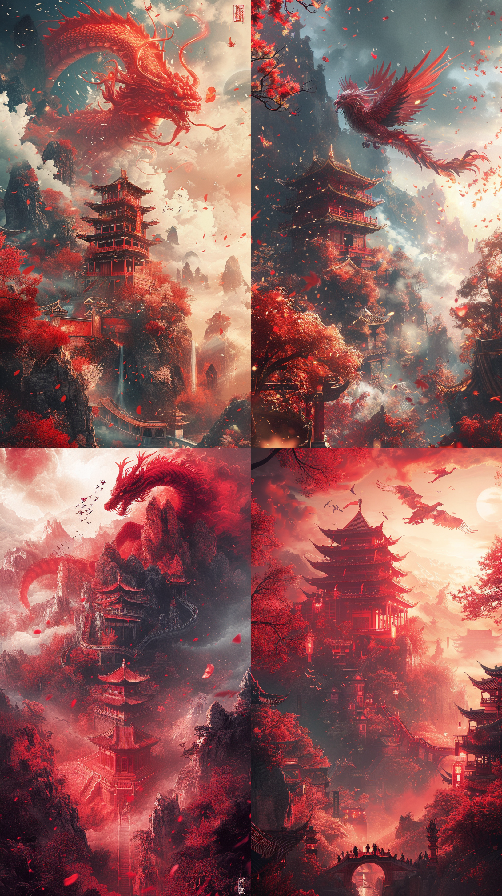 春节海报，麒麟翱翔于高山之巅，宫殿巍然耸立。中国红的色调浓烈喜庆，大师构图巧妙引领视线。柔和光线营造神秘氛围，逼真细节令人惊叹。采用c4d渲染技术，展现新年的独特氛围。红火喜庆，高山，宫殿，中国红，大师构图，柔和光线，神秘逼真细节，c4d渲染技术，新年氛围。