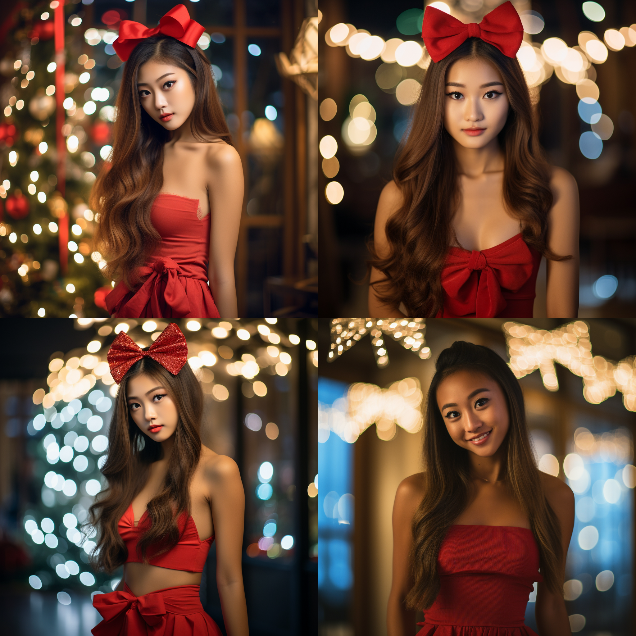 亚洲美女长发束一颗圣诞树前，头上戴着蝴蝶结，穿着红色短裙，面对镜头，美丽动人。柔和的烛光照亮了整个房间，画面呈现出放松的氛围。使用dslr相机拍摄，采用长焦镜头，拍摄距离适中。整体色调丰富柔和，给人温暖的感觉。