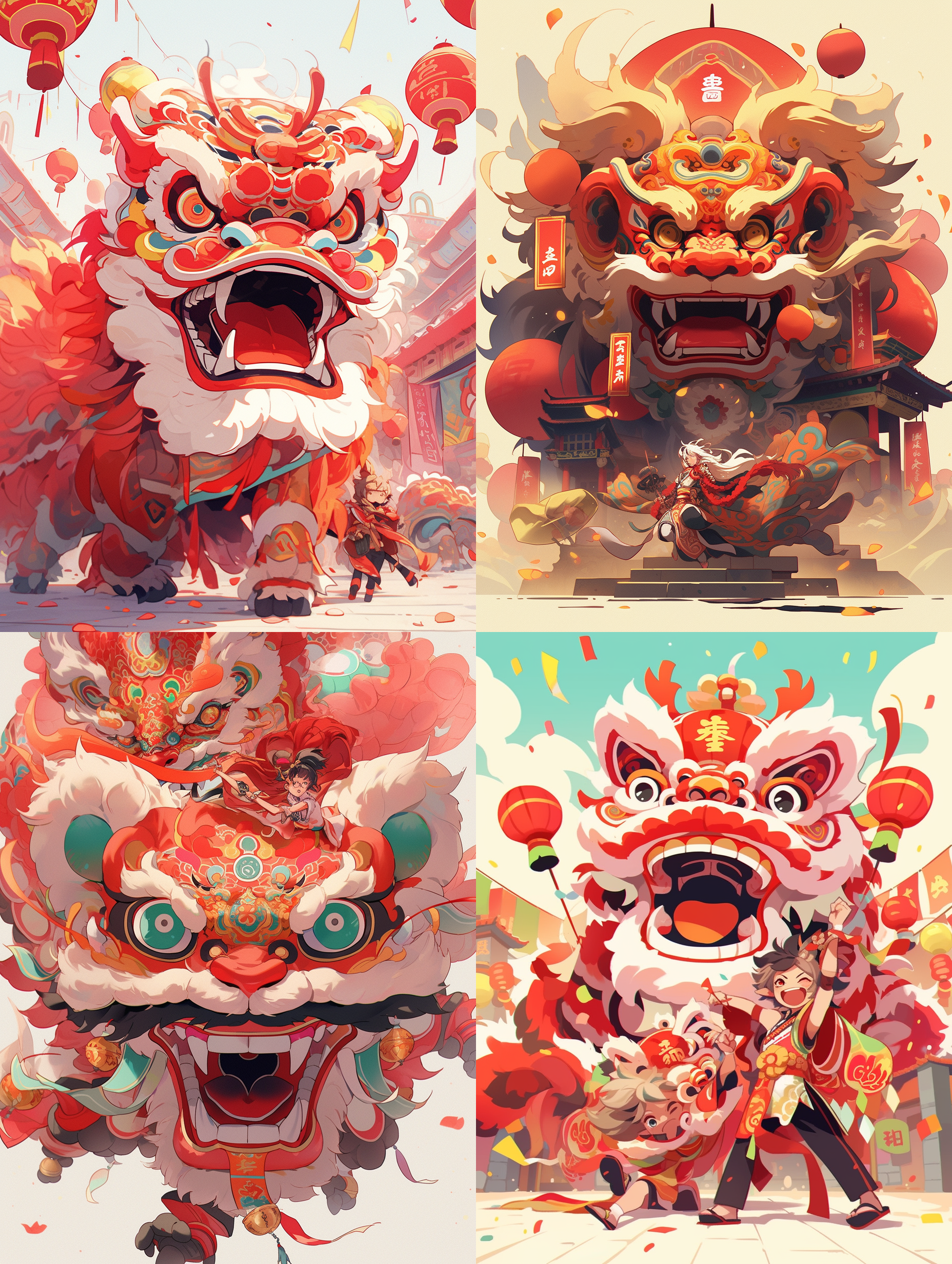 中国风舞狮在广场上，多色，背景纯色，动态优美，活泼可爱，动漫风格