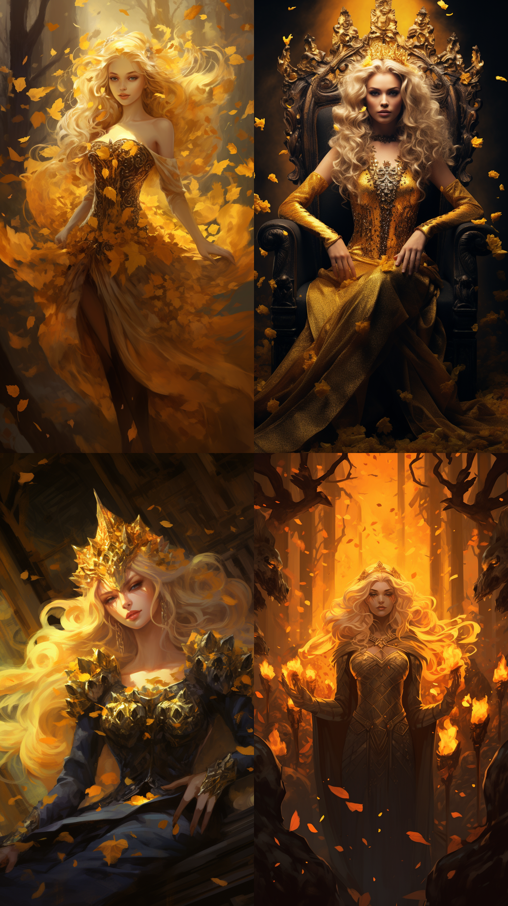 21 岁的金发精灵女王高兴地看着观众。恶魔核心。在枫木和深黄色的宝座上跳舞。她的黑发又长又卷