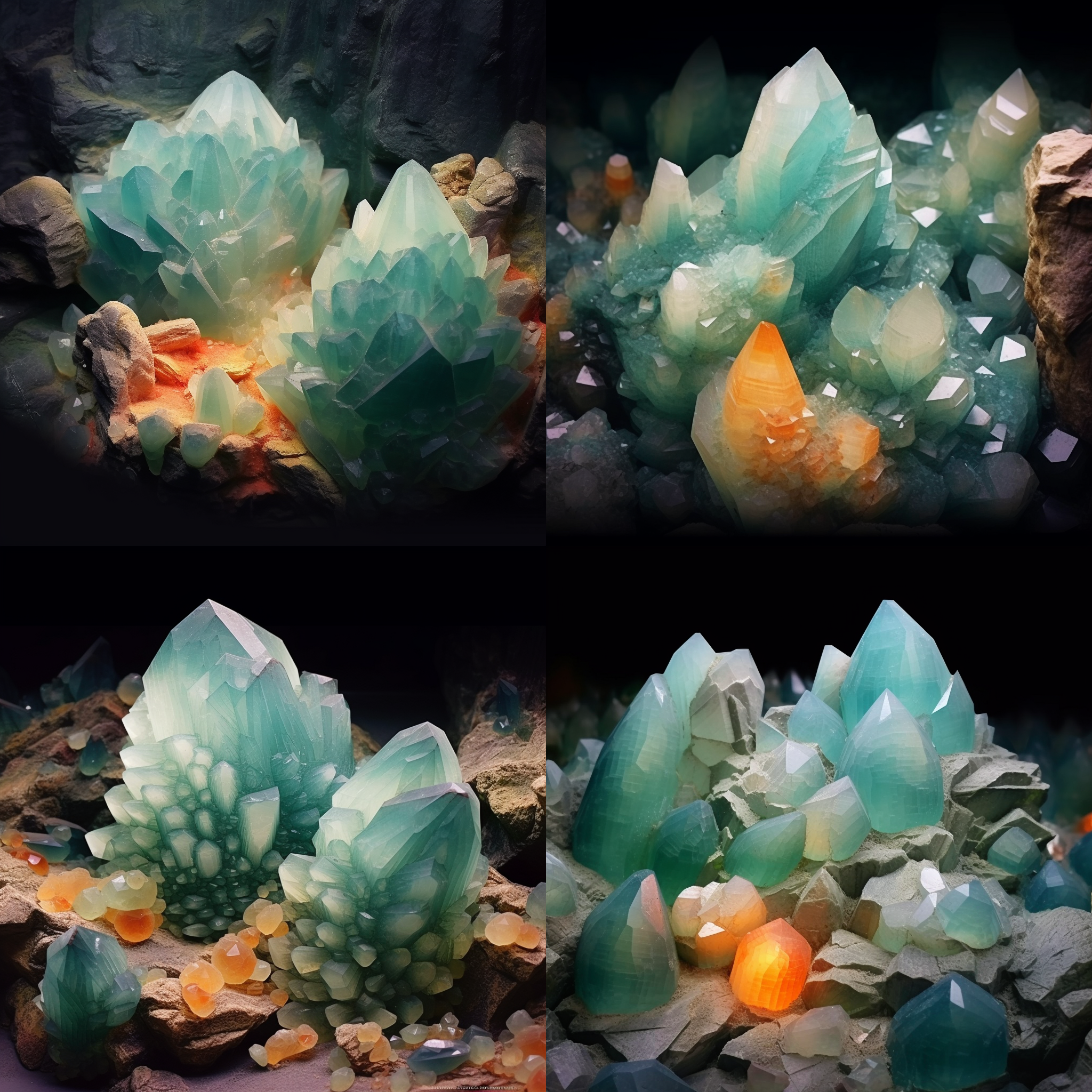 宝石矿中，主体矿脉如莲花般绽放，晶莹剔透。魔法的光线穿过多面多节的晶体伴生，散布出星云光点。初级、中级和高级宝石在矿脉中散布，各自散发着水、火、金、木和土的能量孕育。微光的火焰环绕着整个场景，为这个宝石矿带来了神秘而魅力的氛围。