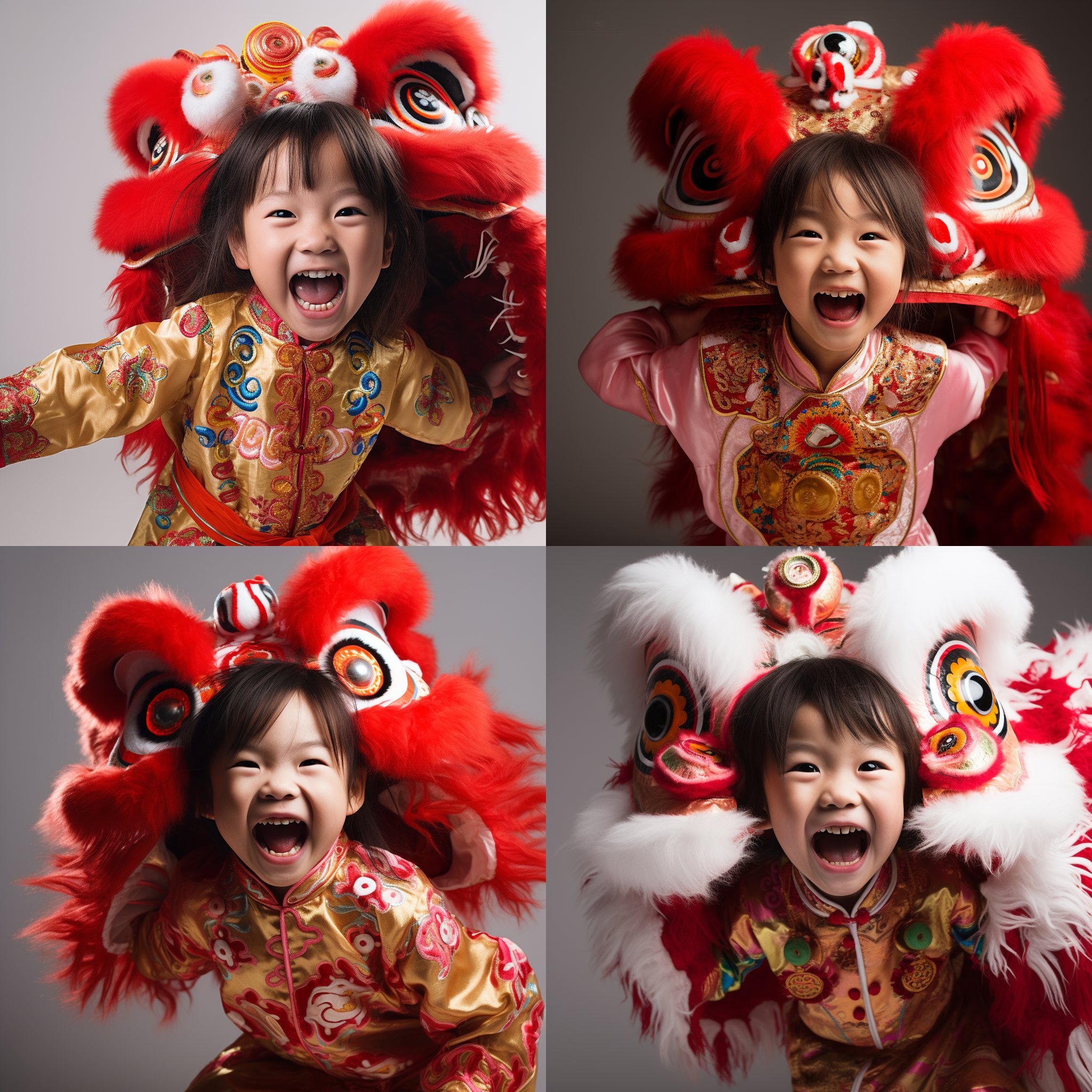 5岁的中国可爱女孩，头上戴着一个舞狮，白红相间，面部对称，穿着中国服饰，光泽服装，纯白背景，广角镜头，明亮照明，欢快动作，元素丰富，色彩鲜艳，喜悦欢快。