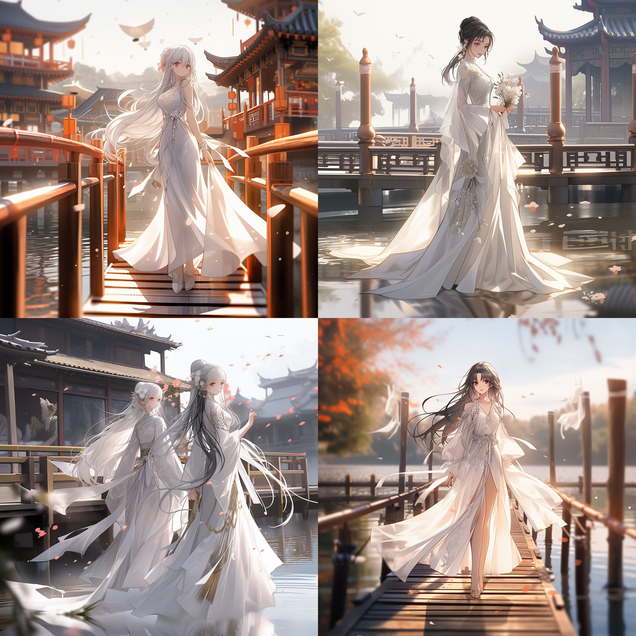 8k画质，中国绝世美女，全身照，白色碎花大翻领薄纱连衣裙，五官端正，阳光，江南风格湖边，站在木板桥上，微风拂过，长腿少女，苗条身材，丝袜，波浪头发，远处是城市楼群，3d动漫风格，饱满色彩，丰富颜色，温馨气氛。