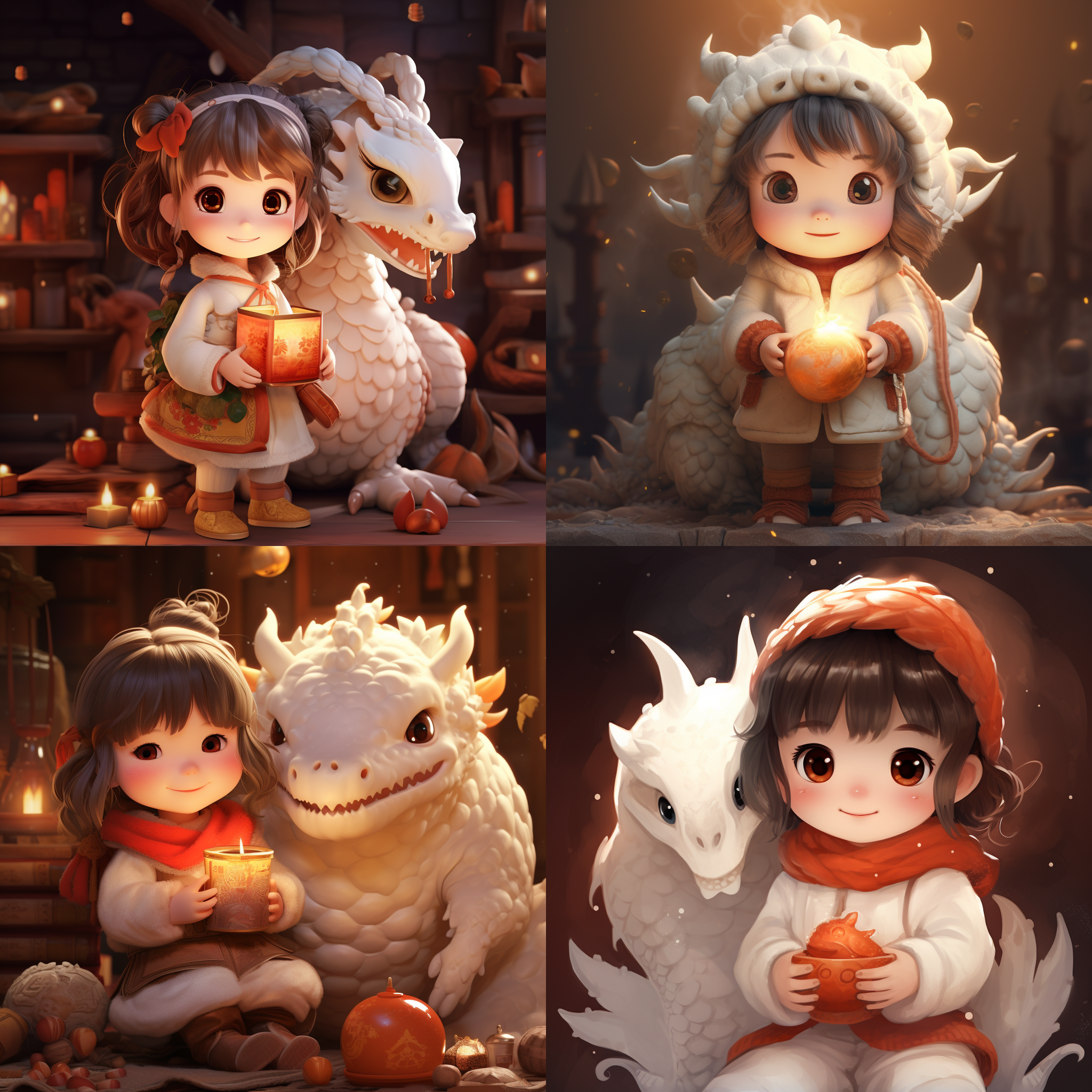 可爱的小胖龙，穿白色毛衣的小女孩，带着过年的画风，温馨，粘土特效