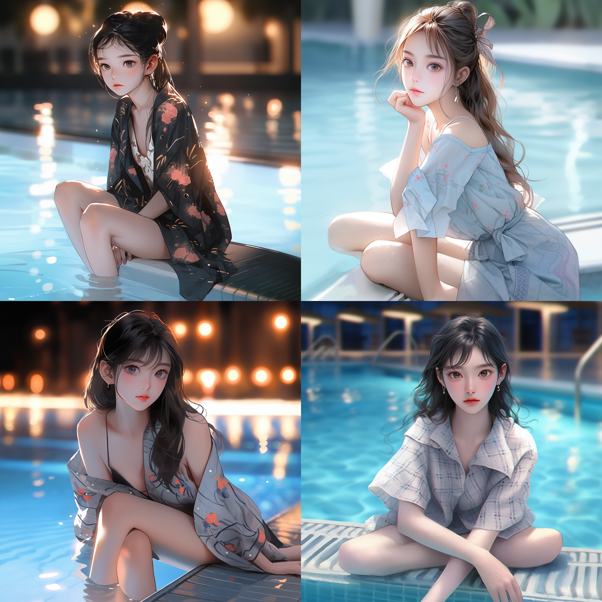 中国气质女生写真，坐在泳池边上，全身湿漉漉，眼睛望着水面，波光粼粼，短裤，湿透，闲适，气质，大师级摄影镜头，大师级摄影角度，全身照，电影感