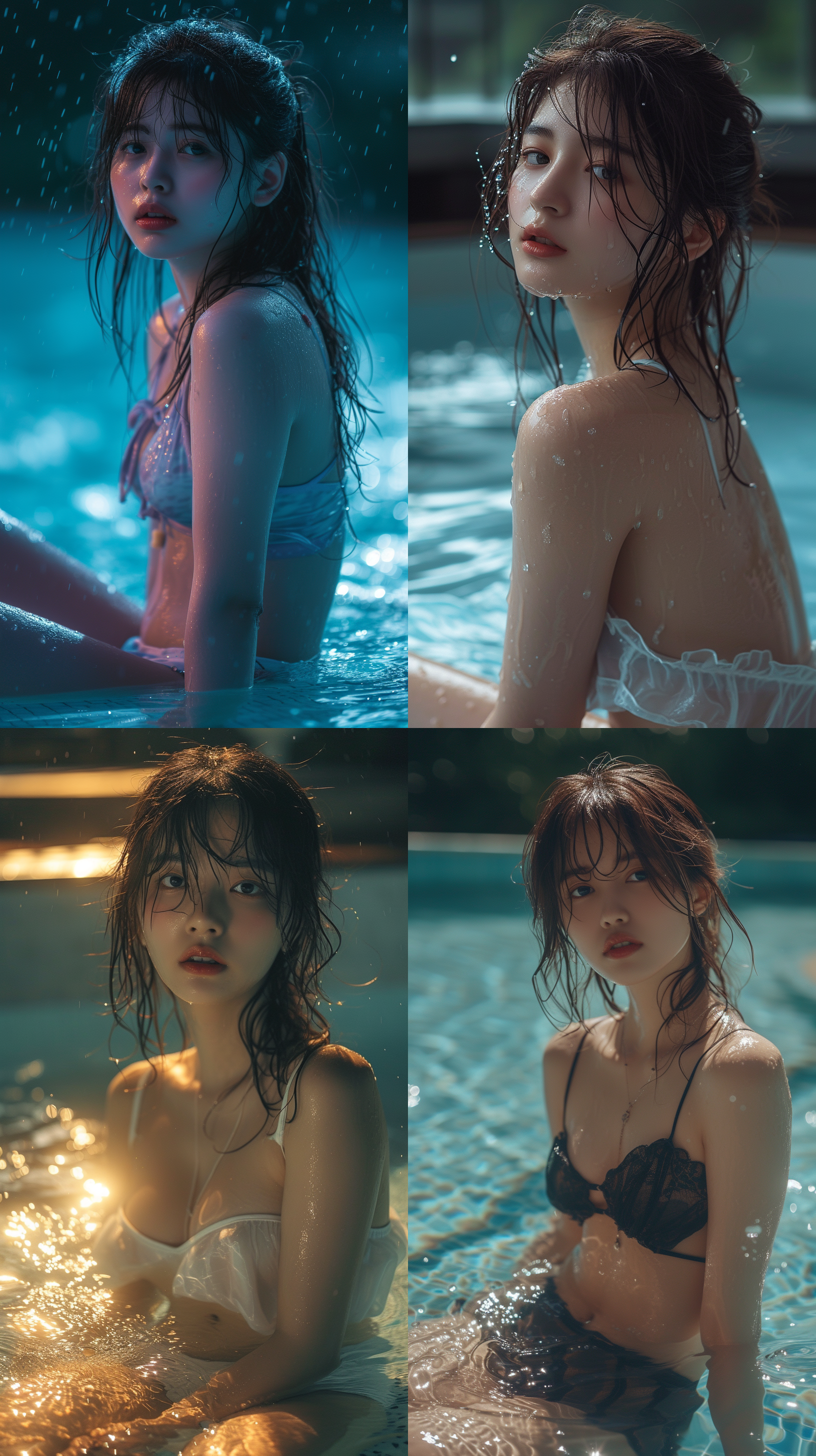 中国气质女生写真，泳池边坐姿，全身湿漉漉，眼神注视水面，波光粼粼。短裤湿透，闲适气质。大师级摄影镜头，大师级摄影角度，全身照，电影感。大光圈，背景虚化，色彩饱和，柔和侧光，优雅动作，自然表情。