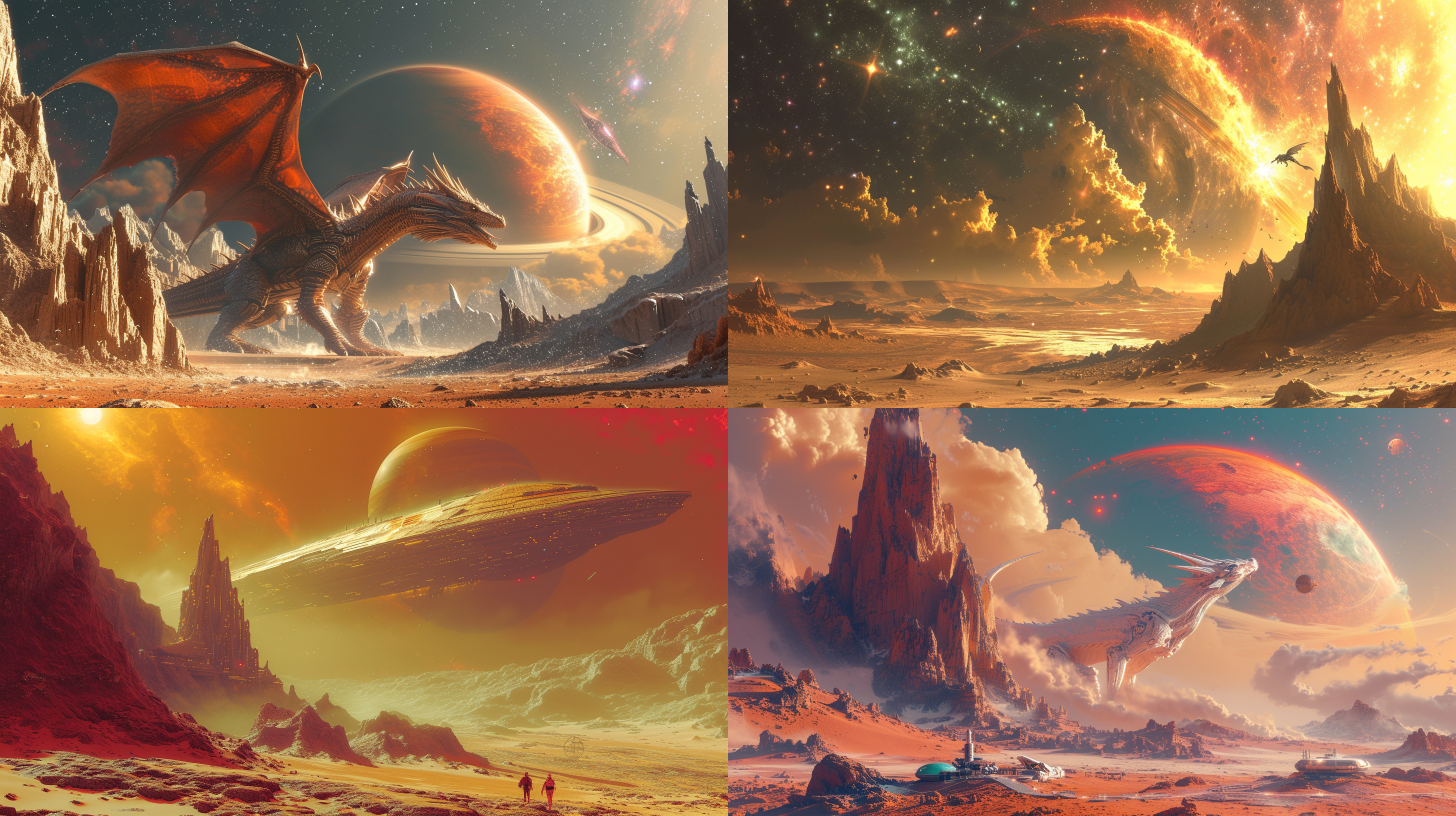 火星山脉群中央的平原，一头赛博庞克的龙在天上悬停，巨大的土星环绕星球，七彩天女座星云闪光，火星平原的科学实验基础座落在降落区周边。壮观，震憾，科技发达，科技美学，画质高，创新构图，中国元素，焦点龙，8k超清晰度，大文件。