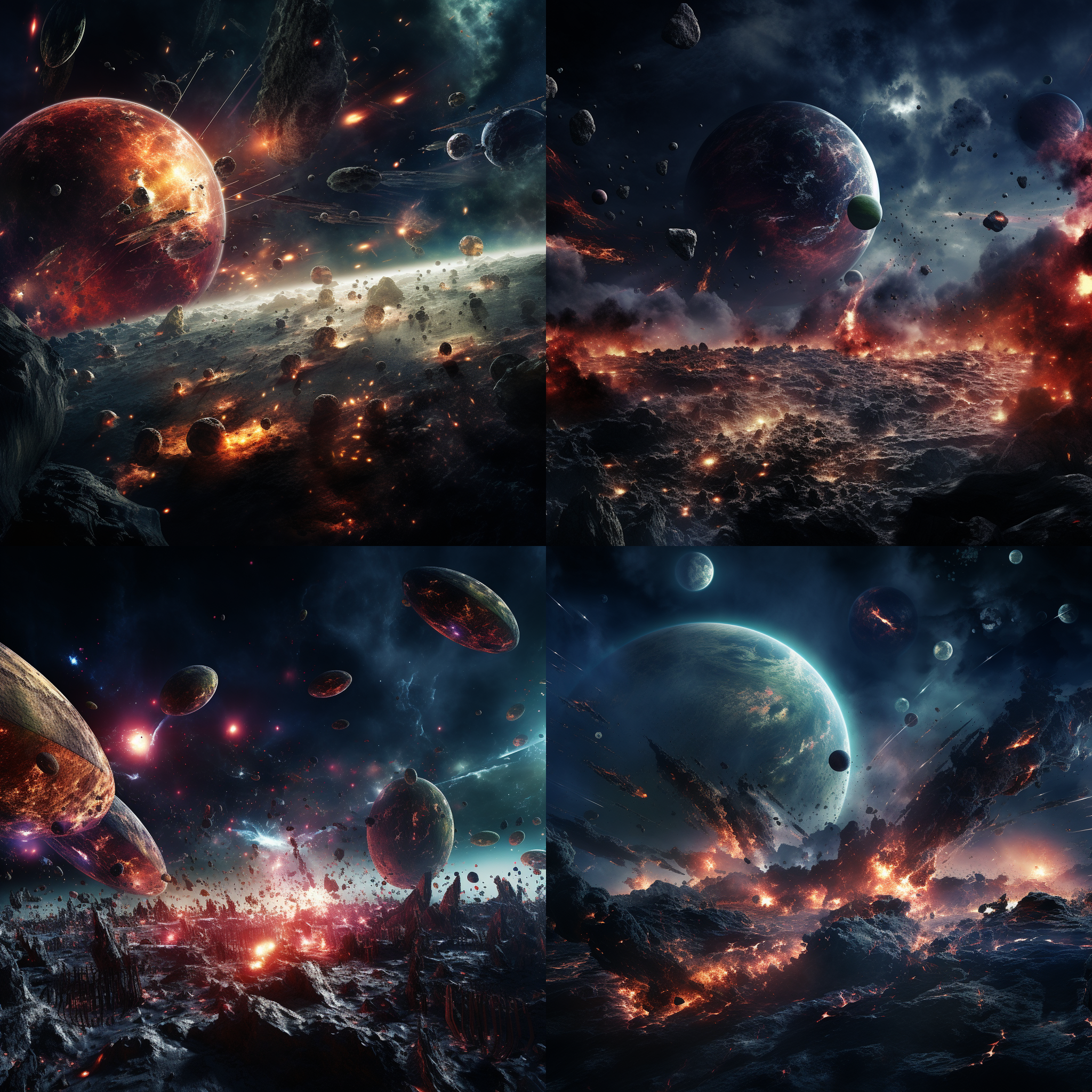 星际舰队大规模进攻外星球，庞大的舰队占据整个画面，充满震撼力。宇宙中星云和行星构成了背景，增加了未知和神秘感。图像采用高动态范围摄影技术，细节丰富，色彩饱满。主题色调为冷色调，强调紧张和决断。