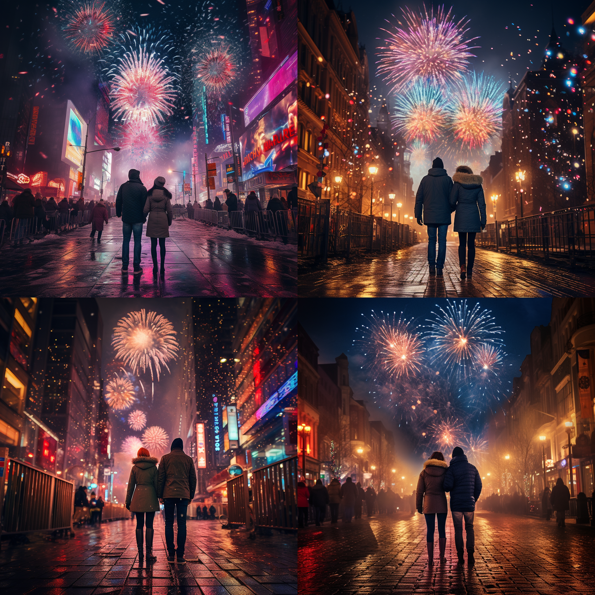 2024新年，夜晚的城市街道上，一对情侣手牵手走在热闹喜庆的街头。他们身后是绚丽多彩的烟花灿烂绽放，将整个天空点亮。摄影师采用长曝光技术，捕捉到了烟花的流光溢彩，营造出梦幻般的氛围。场景中充满了欢乐、幸福和温暖的情感。夜景，长曝光，烟花，情侣，喜庆，梦幻，欢乐，幸福，温暖。