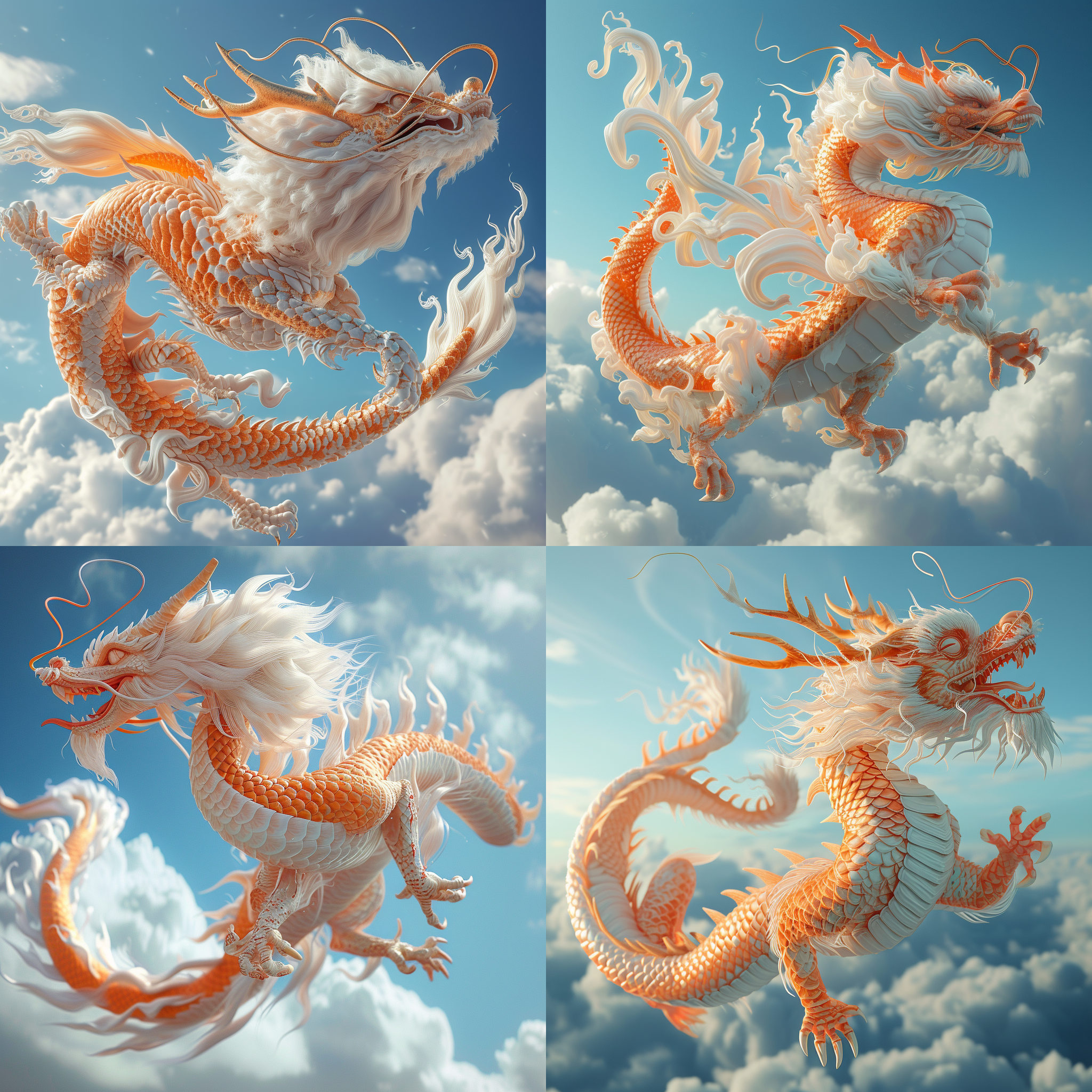 可爱的中国龙，2、4英尺高，在天空中飞翔，超级细节，逼真的毛发，c4d渲染、ip设计，白色、橙色，树脂材质，3d、blender软件，精致材质渲染，2.5d，明亮的颜色，简洁的背景，详细渲染，8k，丰富的细节，正面视图。