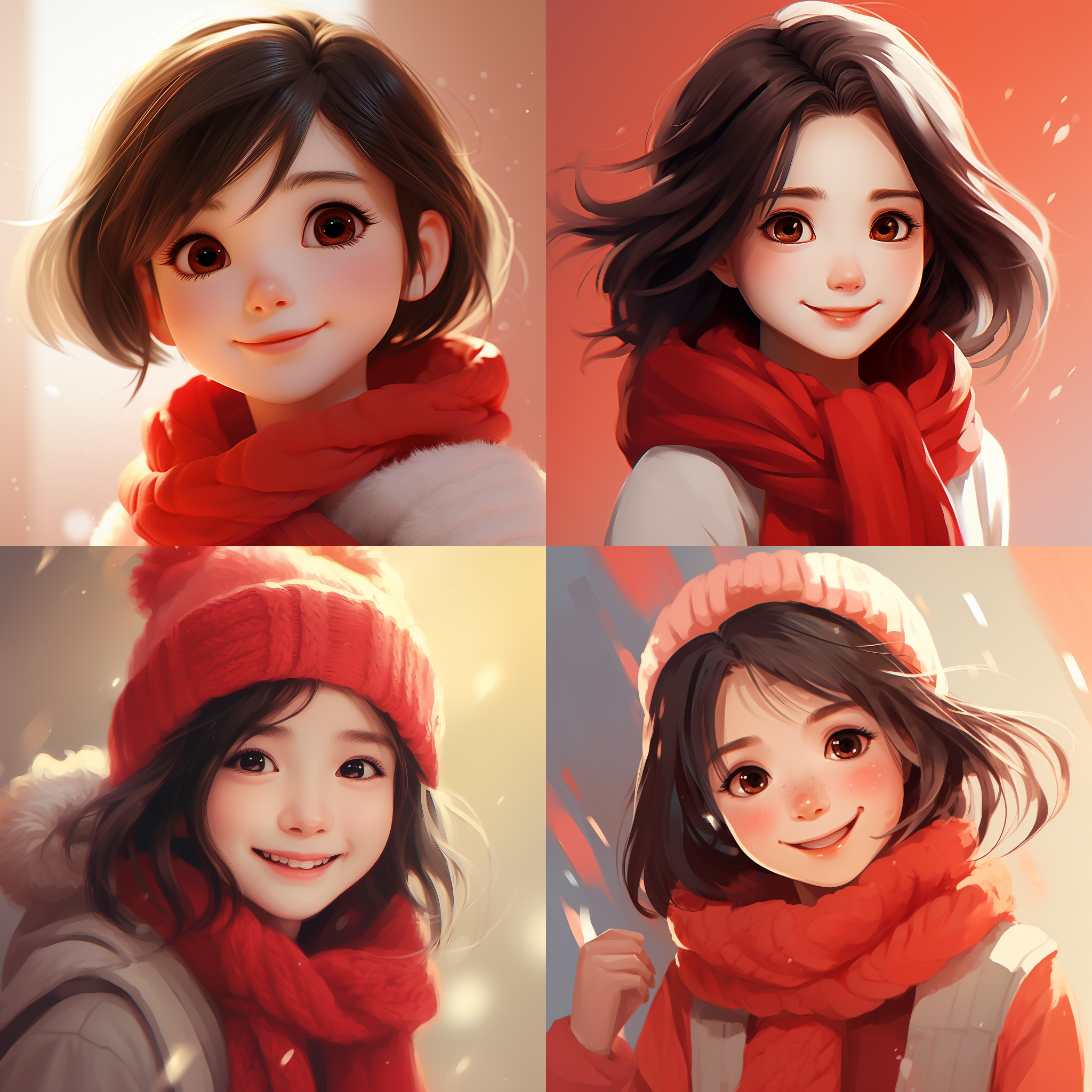 中国卡通女孩笑得灿烂，红色围巾，白色毛衣，背景红色，电影效果，正面肖像，柔光，浅景深，温暖色调，自然表情，年轻活力，喜悦。
