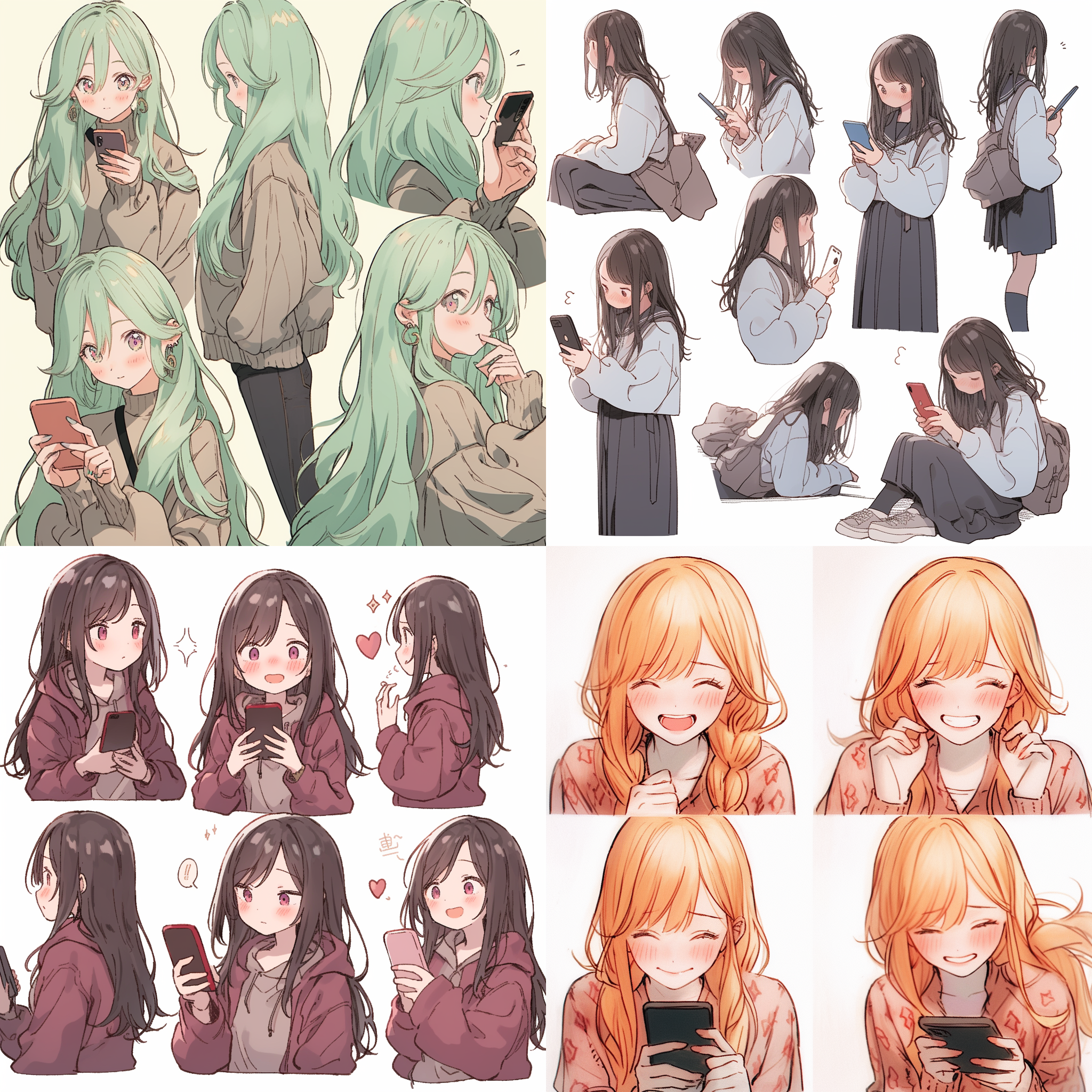 漫画风格，长发少女，玩手机，干净背景，明亮色彩，扁平化风格，正中构图，全身特写，轻松自在的表情，温暖光线，柔和阴影，饱满线条，活力四溢。