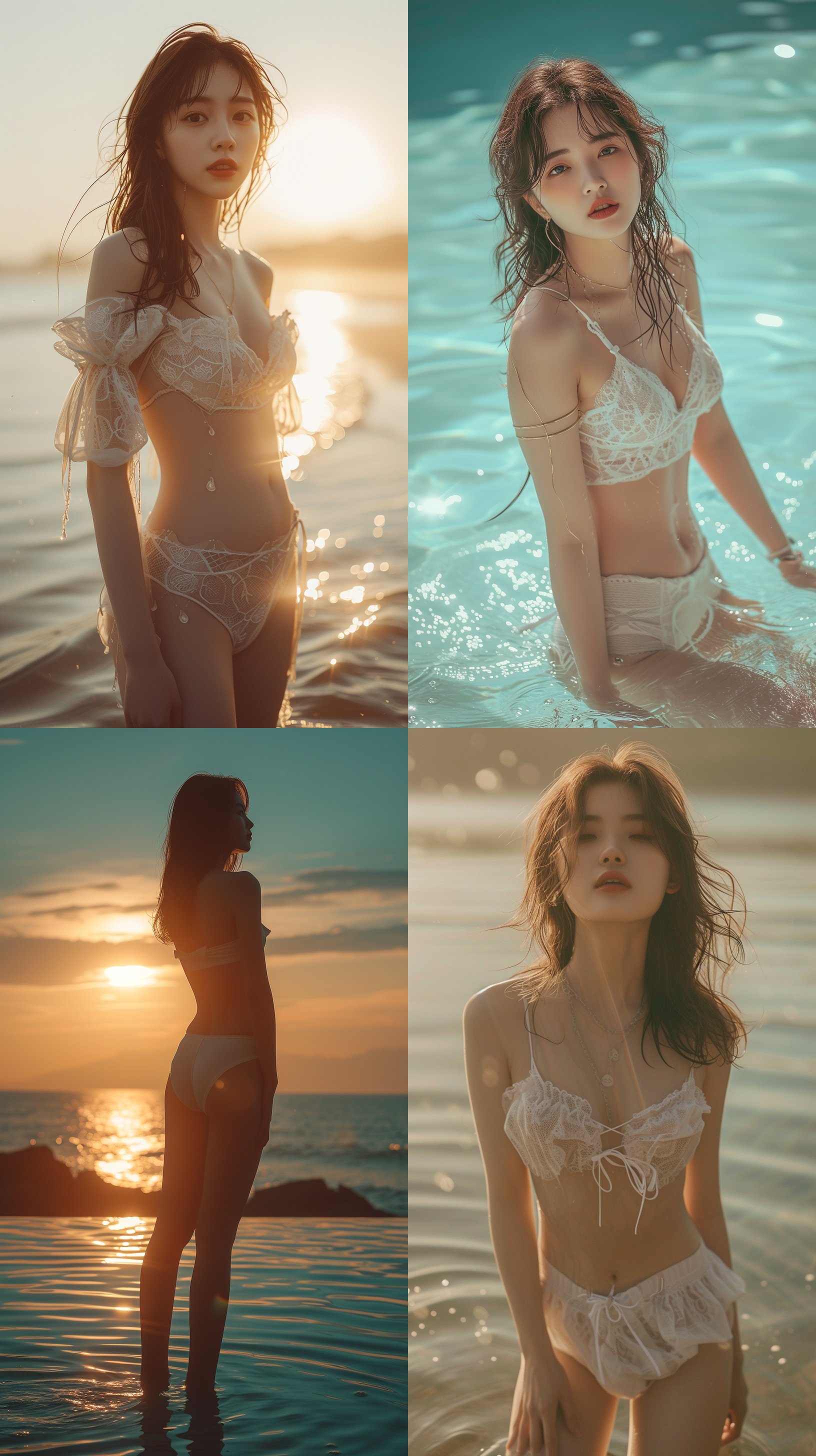 8k画质，中国绝世美女全身照。对角线布局，明亮色彩和柔和光线，突显出她的迷人风采和自信。五官端正的长腿少女在阳光下展现出苗条的身材，站在沙滩边，穿着丝袜和高跟鞋。泳池中的水波荡漾，为画面增添了动感。高清细节捕捉，迷人的表情、姿态，吸引人眼球。