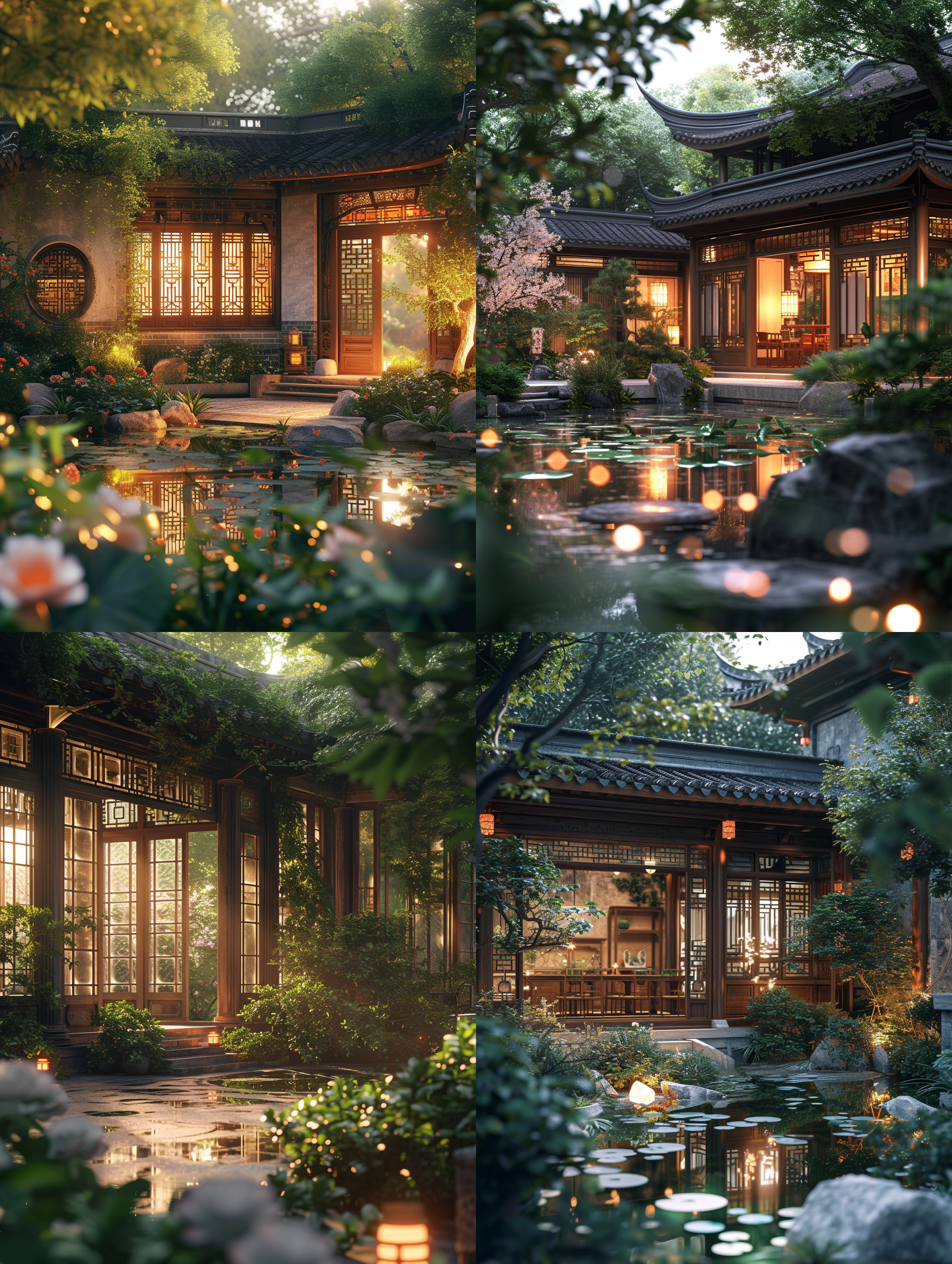 东方古典园林，造型松，跌水，建筑古典，反射光泽，灯光透过漏窗，温暖而温馨，风格素雅，高细节，写实电影摄影风格，全景。