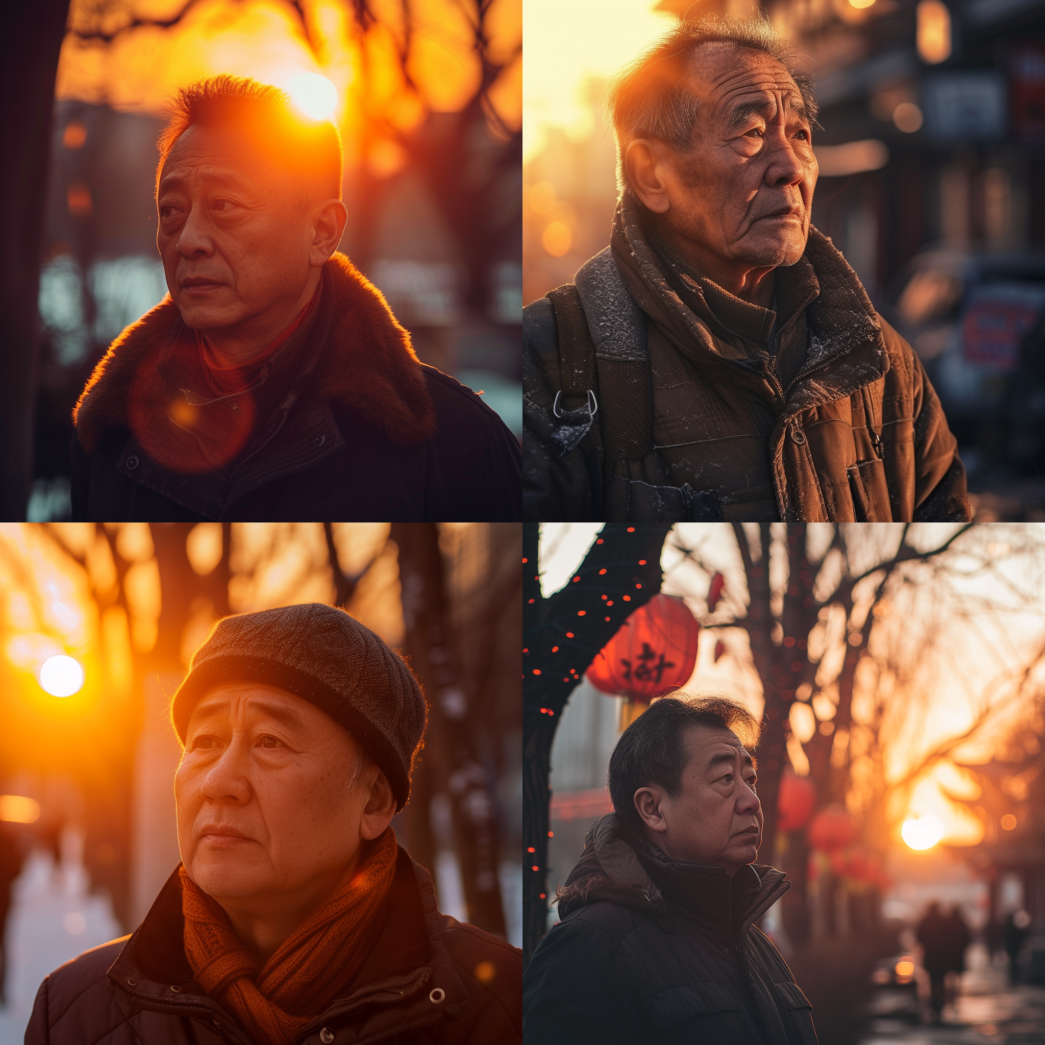 中国春节，沧桑的中年男人，失落的眼神，城市背景，夕阳，冬天，背光，高清，4k，细节饱满，传统风格，暖色调，情感丰富，广角镜头，安静，寂寞，深思熟虑。