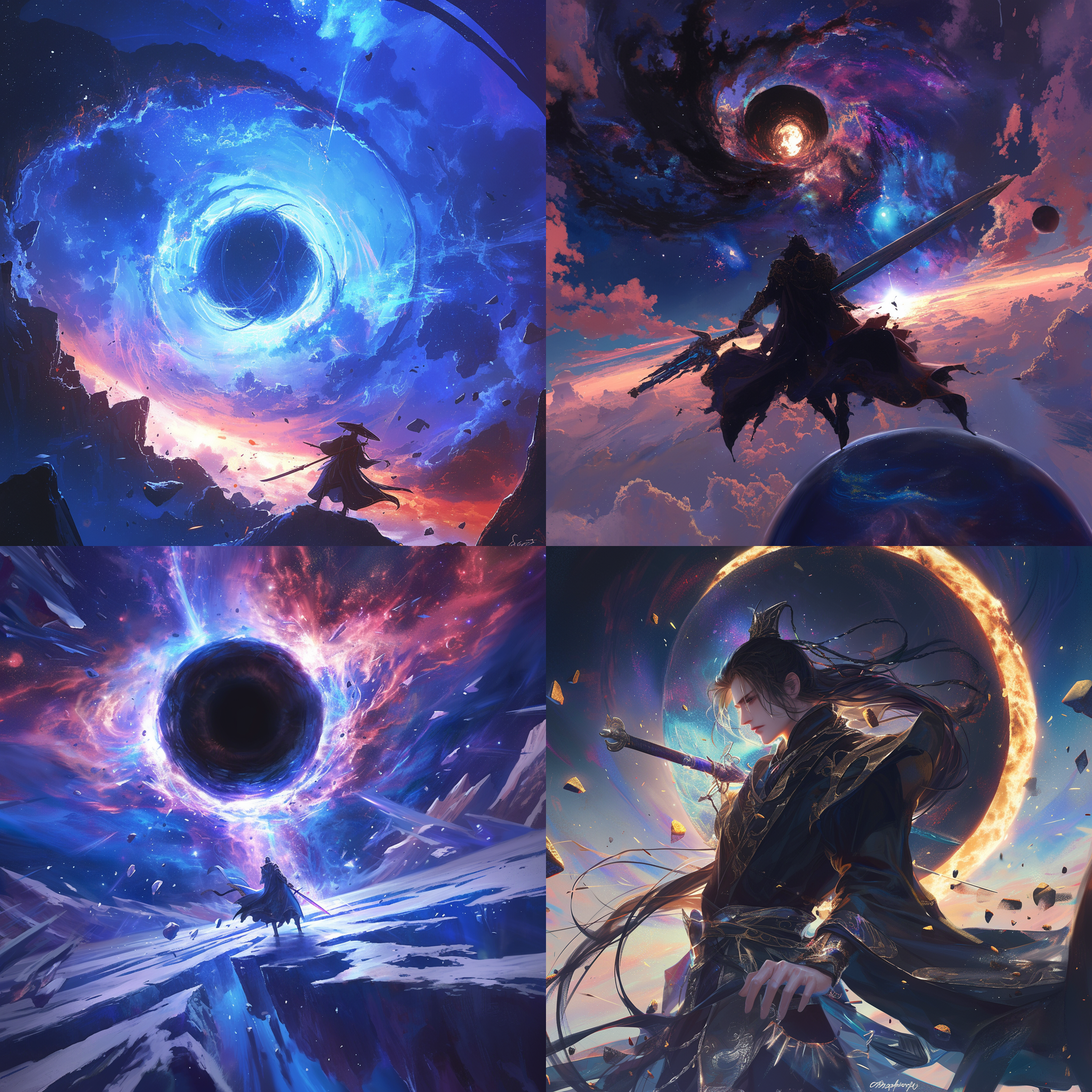 修仙者御剑飞行于宇宙黑洞中，星云缭绕。帅气的人物特写，古风服饰，全局光效营造壮丽景色。使用32k分辨率拍摄，展现玄幻引擎的神秘氛围。神奇的色彩让人激动。