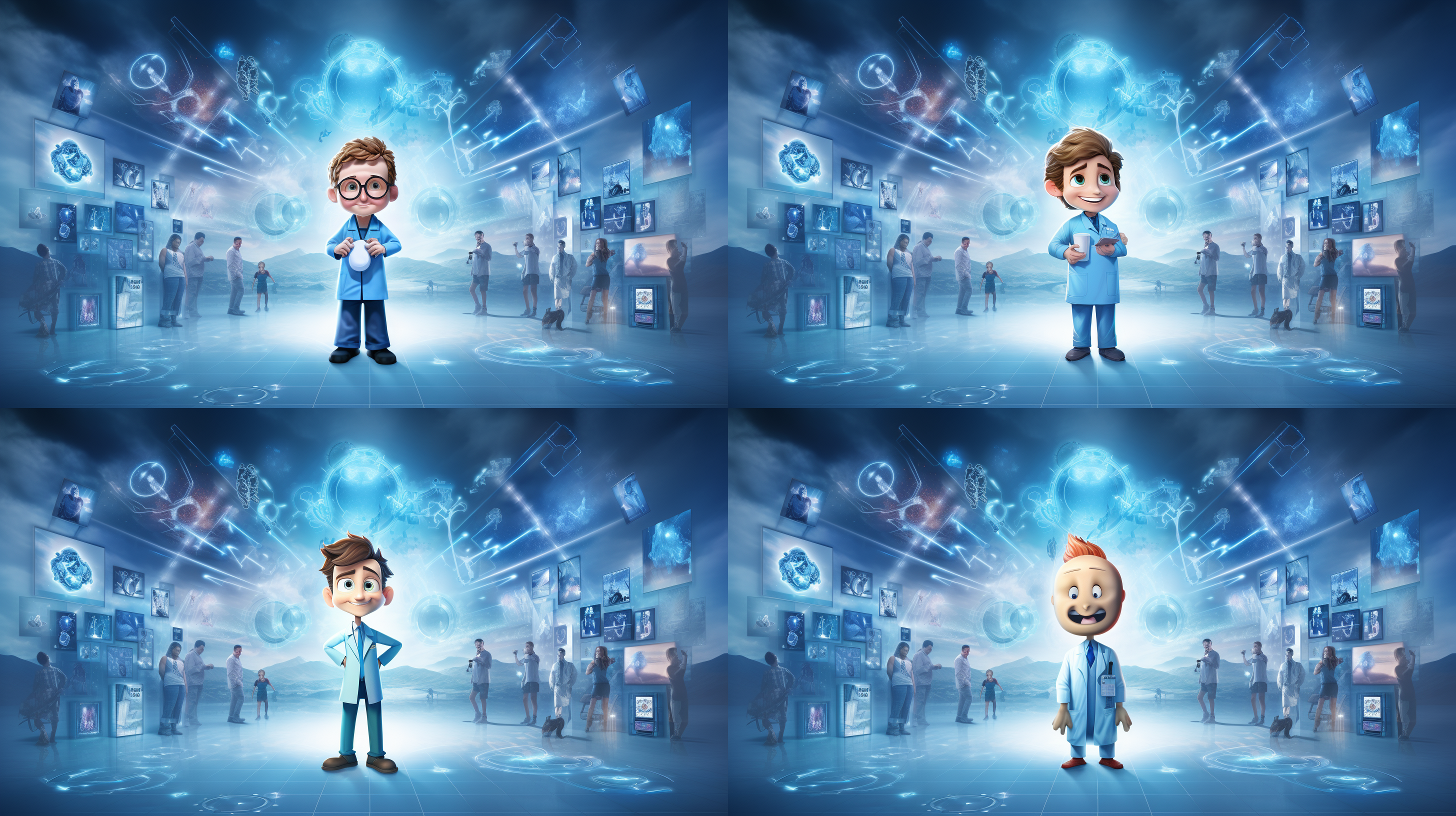 海报背景以蓝色调为主，展现医生元素。构图突出主题，符合海报风格。使用广角镜头拍摄，以便能够展示更多元素。光线明亮而柔和，照亮整个场景。医生动作自然流畅，传达活动目的。细节丰富，色彩鲜明，呈现活力与活动的紧迫感。