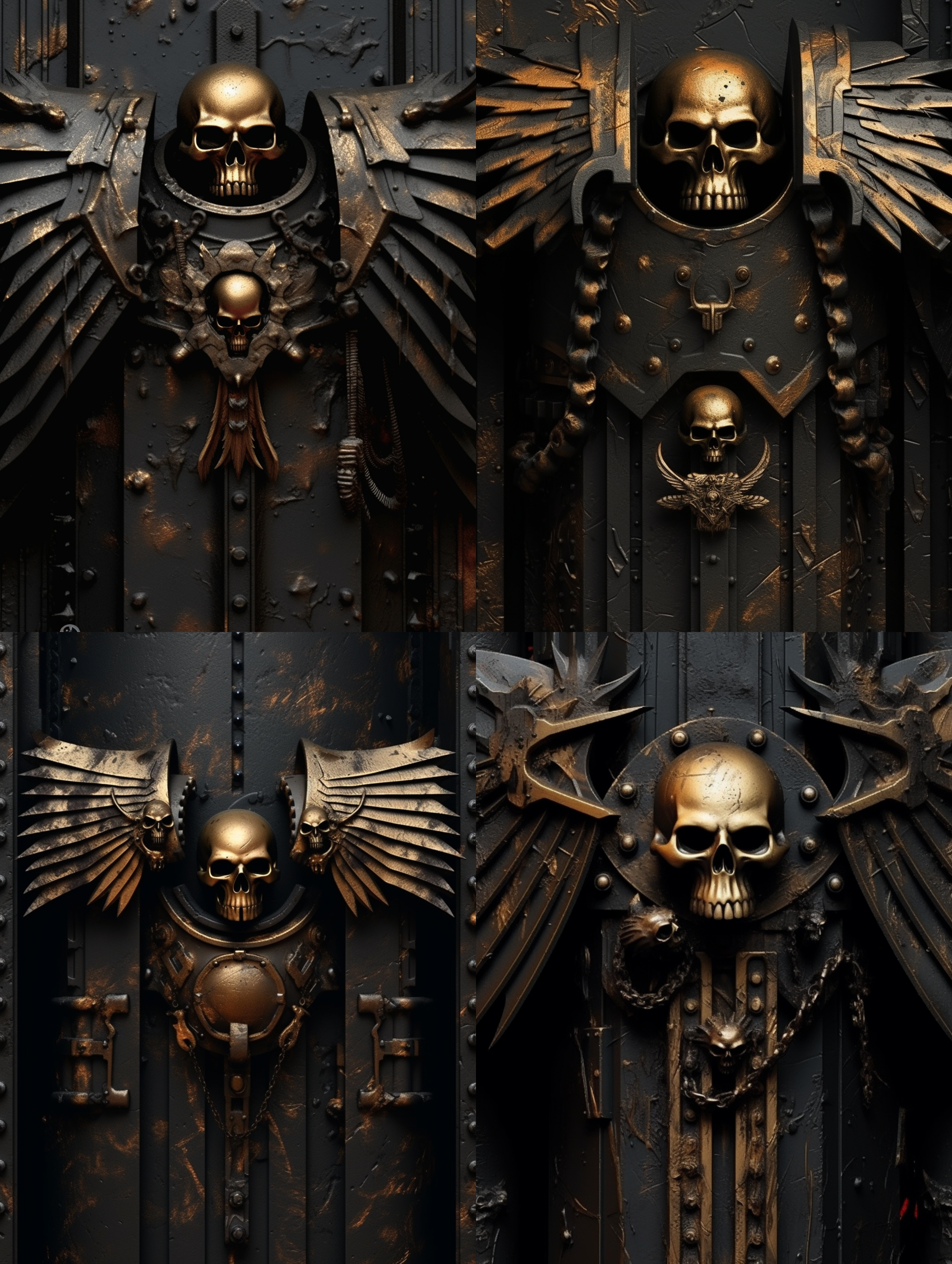 战锤40k纹理，锐利，美学-ar 9:16-原始风格-广角镜头-强烈对比度-沉浸式环境-高清晰度-饱和色彩-冷色调-细节丰富-科幻元素-令人震撼的造型-神秘感-黑暗氛围。