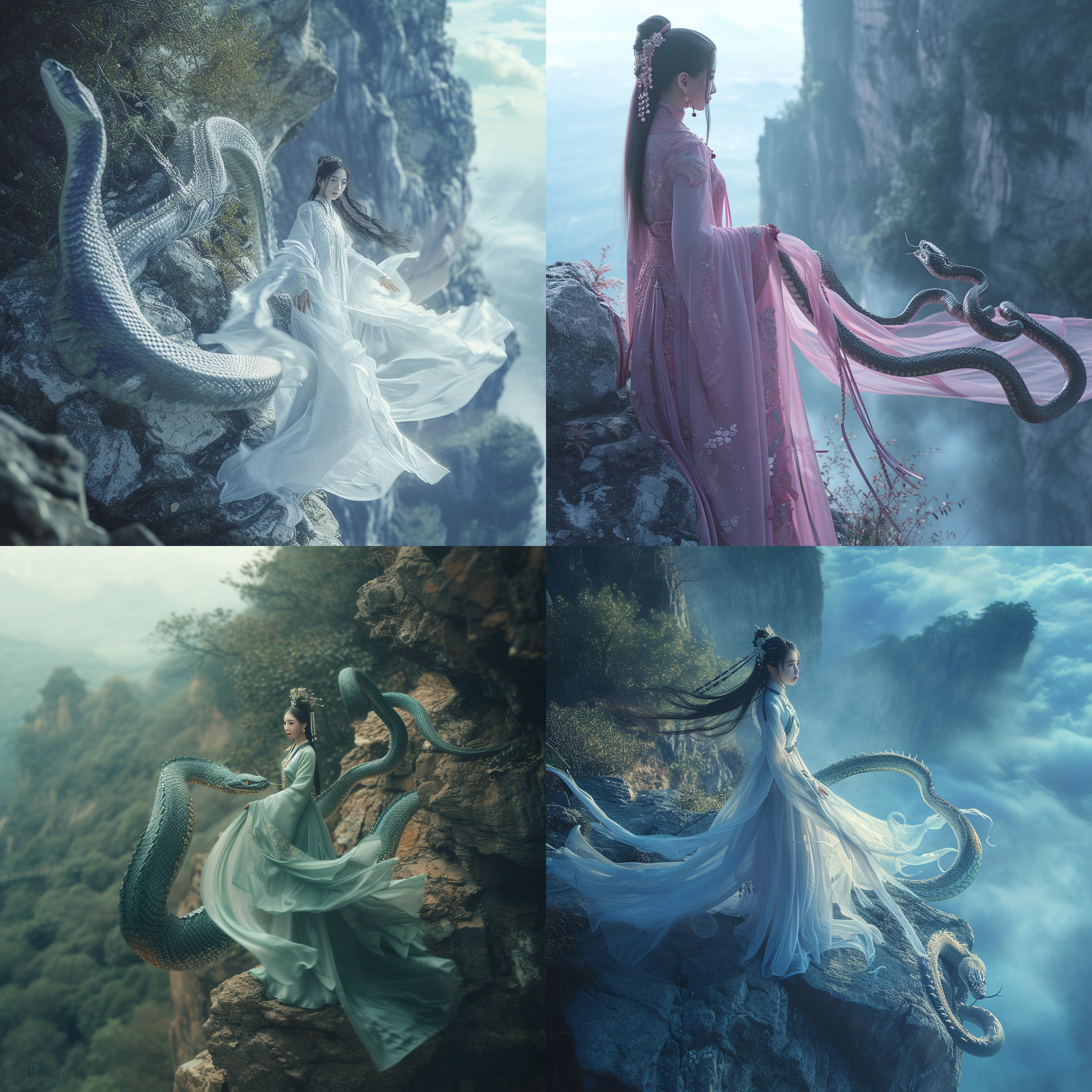 中国气质女生，传统服饰，悬崖边，灵魂出窍，巨蛇盘绕，仙气飘飘。大师级摄影镜头，大师级摄影角度，全身，4k，c4d渲染，远景取景，柔和光线，神秘氛围，大场景，大师构图。