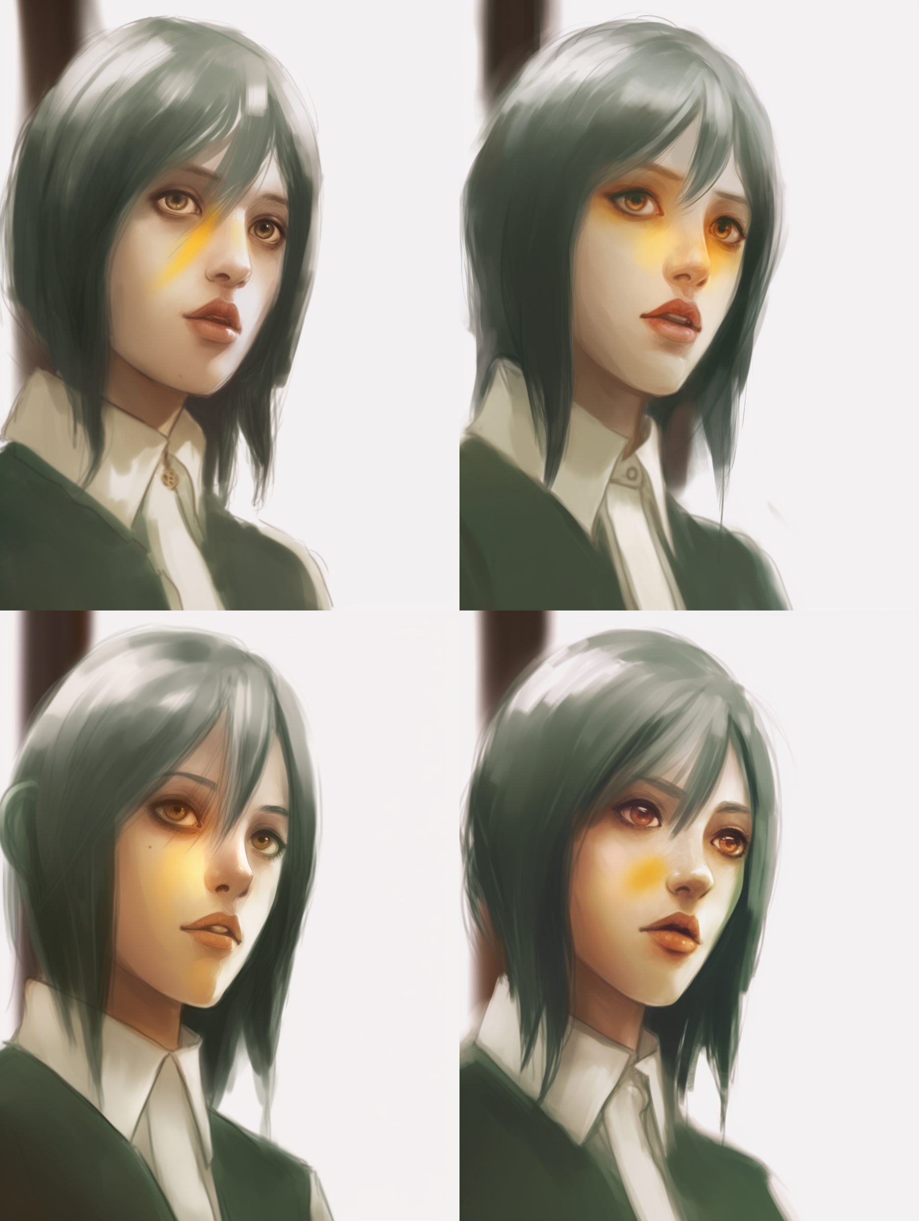 绿发黄眼的女人，斜刘海低丸子头，冷漠视线，受伤，白色衬衫，教堂背景，冷色调，窗外风景，静态姿势，远焦距镜头，窄景深，凝重氛围，细节丰富，中焦镜头，8k。