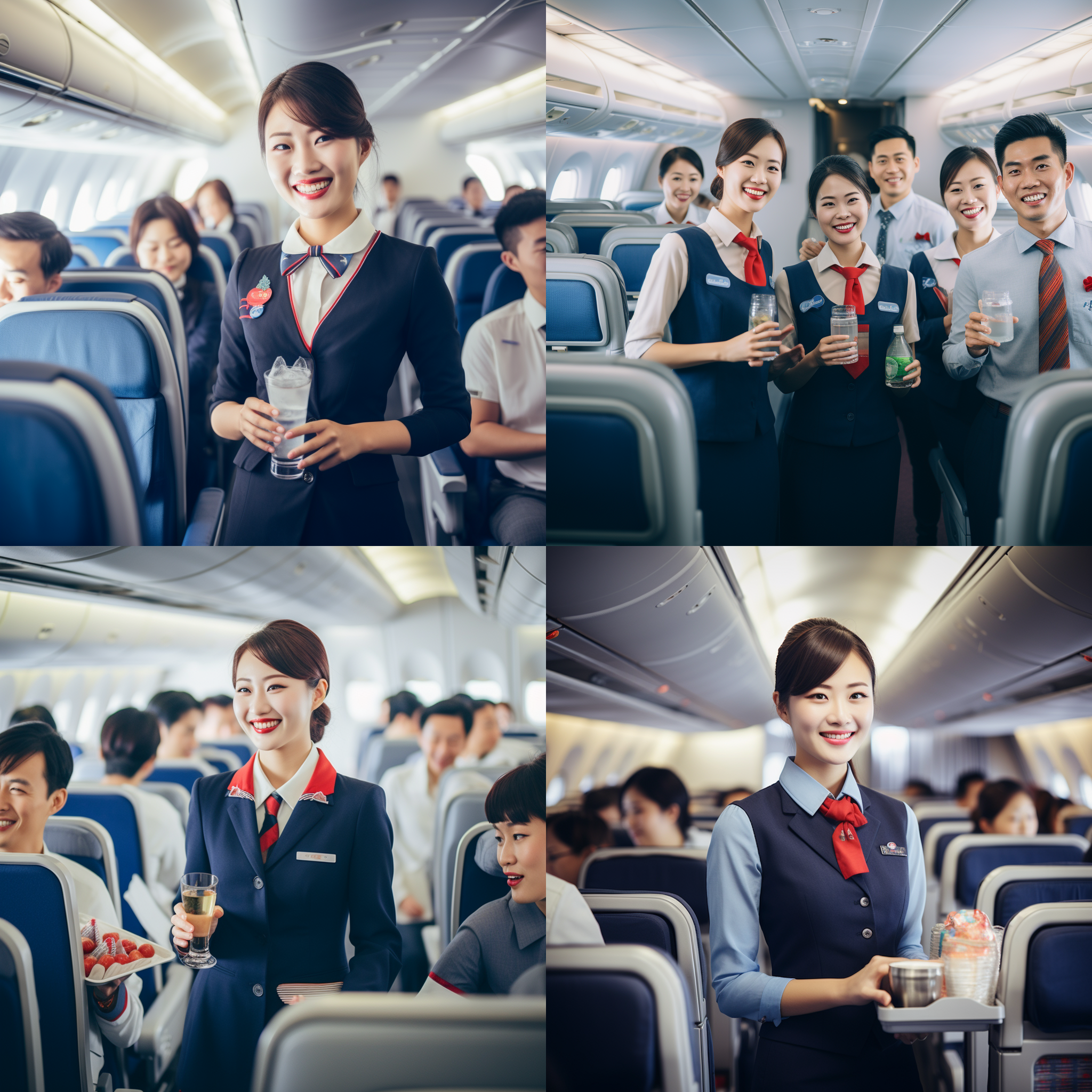 8k画质，东方航空乘务人员,全身照，手推车上面放满饮料，站在机舱内，周边坐满了旅客，头发盘起，身穿工作装带着空姐帽，五官端正，拿着一杯饮料微笑正在递给乘客，专业人物摄影，色彩饱和，颜色丰富