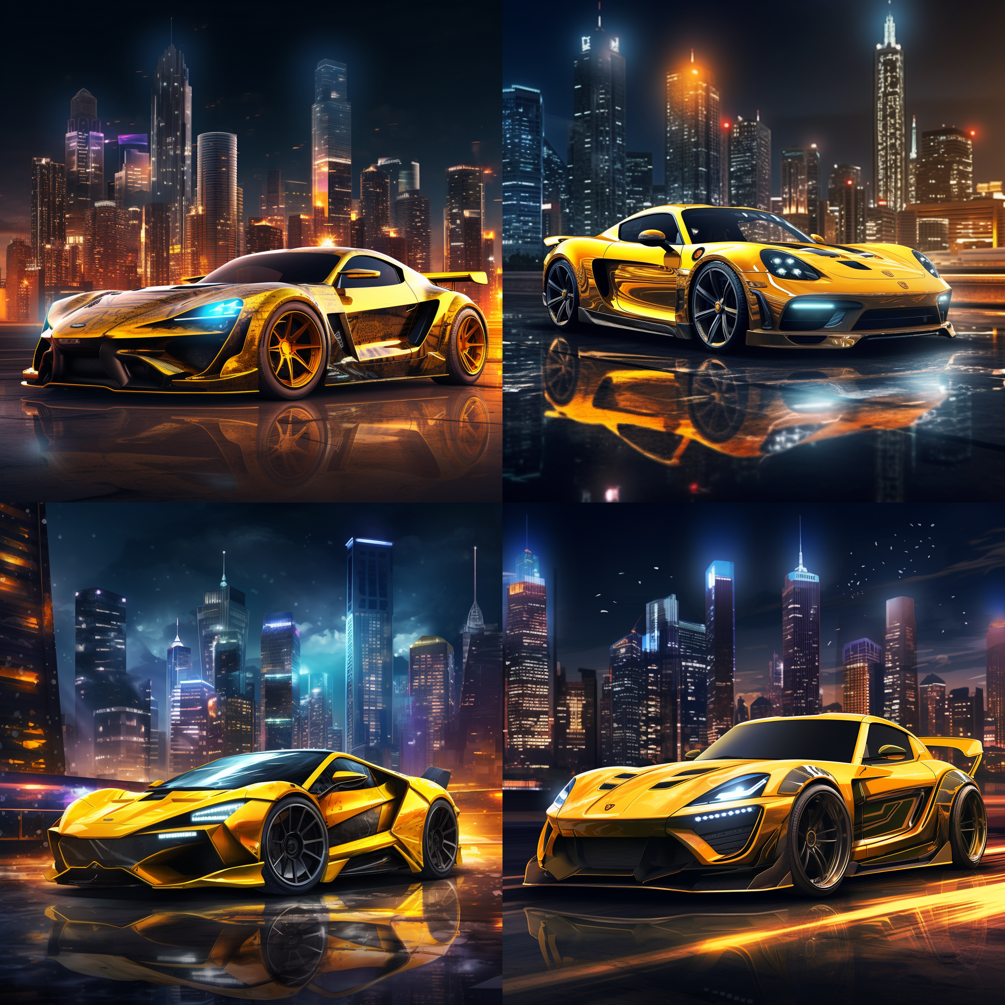 黄色跑车在夜晚的城市天际线前，背景有明亮的灯光和摩天大楼，是一幅3d渲染的抽象艺术作品，细节丰富。