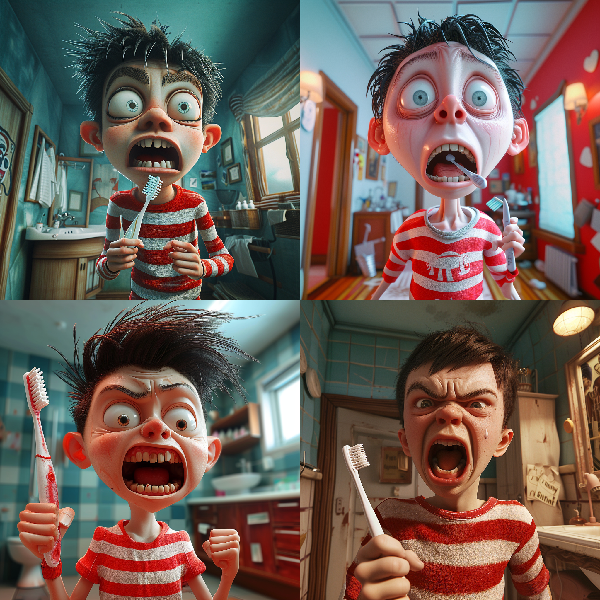 男孩穿着红白条纹衬衫，做出滑稽的表情，手持牙刷。3d渲染，抽象艺术，高度细致，a.b.杰克逊风格，明亮饱和色彩，细节丰富，广角镜头，室内环境，戏剧性照明，夸张动作，幽默情绪。