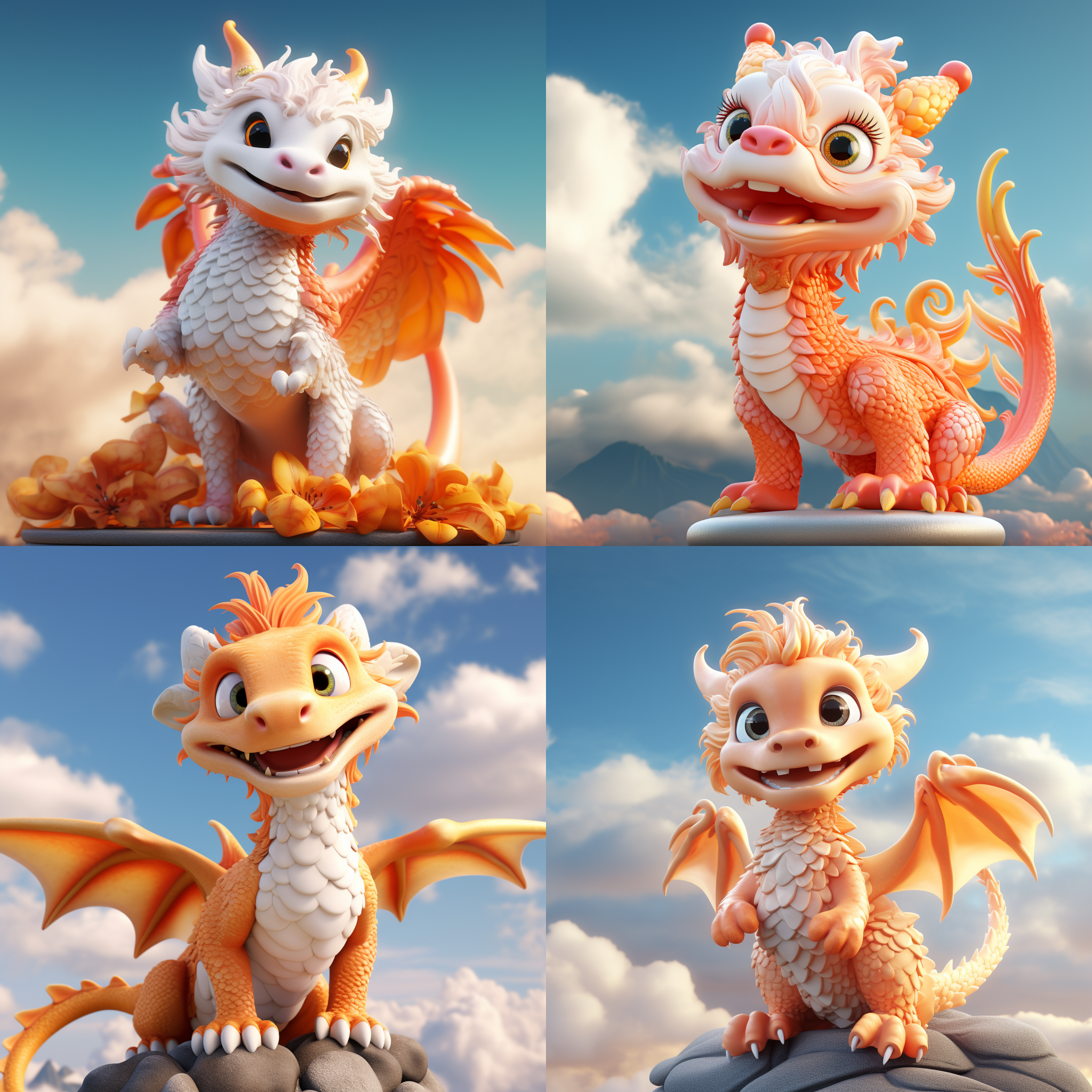 可爱的中国龙，2、4英尺高，在天空中飞翔，超级细节，逼真的毛发，c4d渲染、ip设计，白色、橙色，树脂材质，3d、blender软件，精致材质渲染，2.5d，明亮的颜色，简洁的背景，详细渲染，8k，丰富的细节，正面视图。