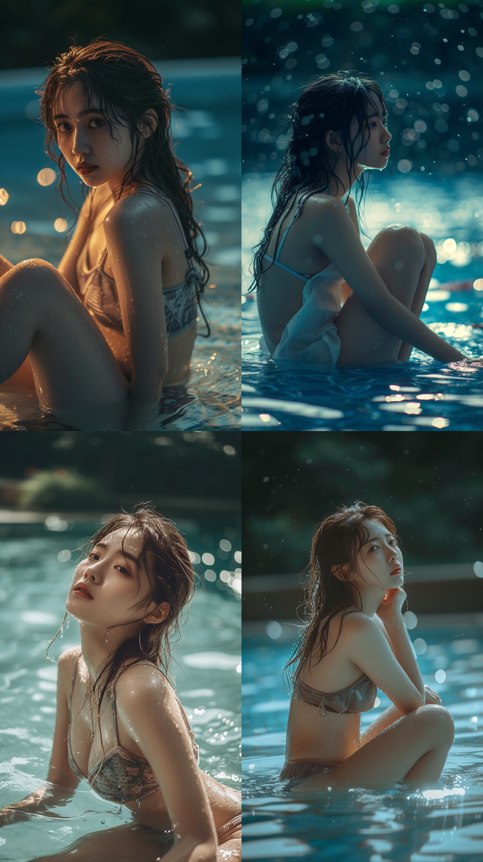 中国气质女生写真，泳池边坐姿，全身湿漉漉，眼神注视水面，波光粼粼。短裤湿透，闲适气质。大师级摄影镜头，大师级摄影角度，全身照，电影感。大光圈，背景虚化，色彩饱和，柔和侧光，优雅动作，自然表情。