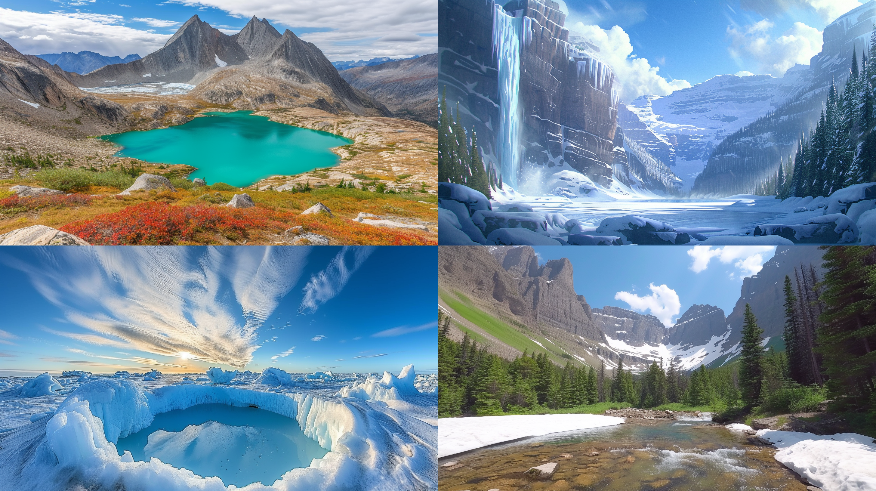 prompt. 冰斗，山谷冰川景观，半碗状洼地，马蹄形，陡峭岩壁，冰斗湖，雪线附近，反复冻融，融雪水，重力作用，蓝色调，宽幅镜头，自然光，静态，平静。