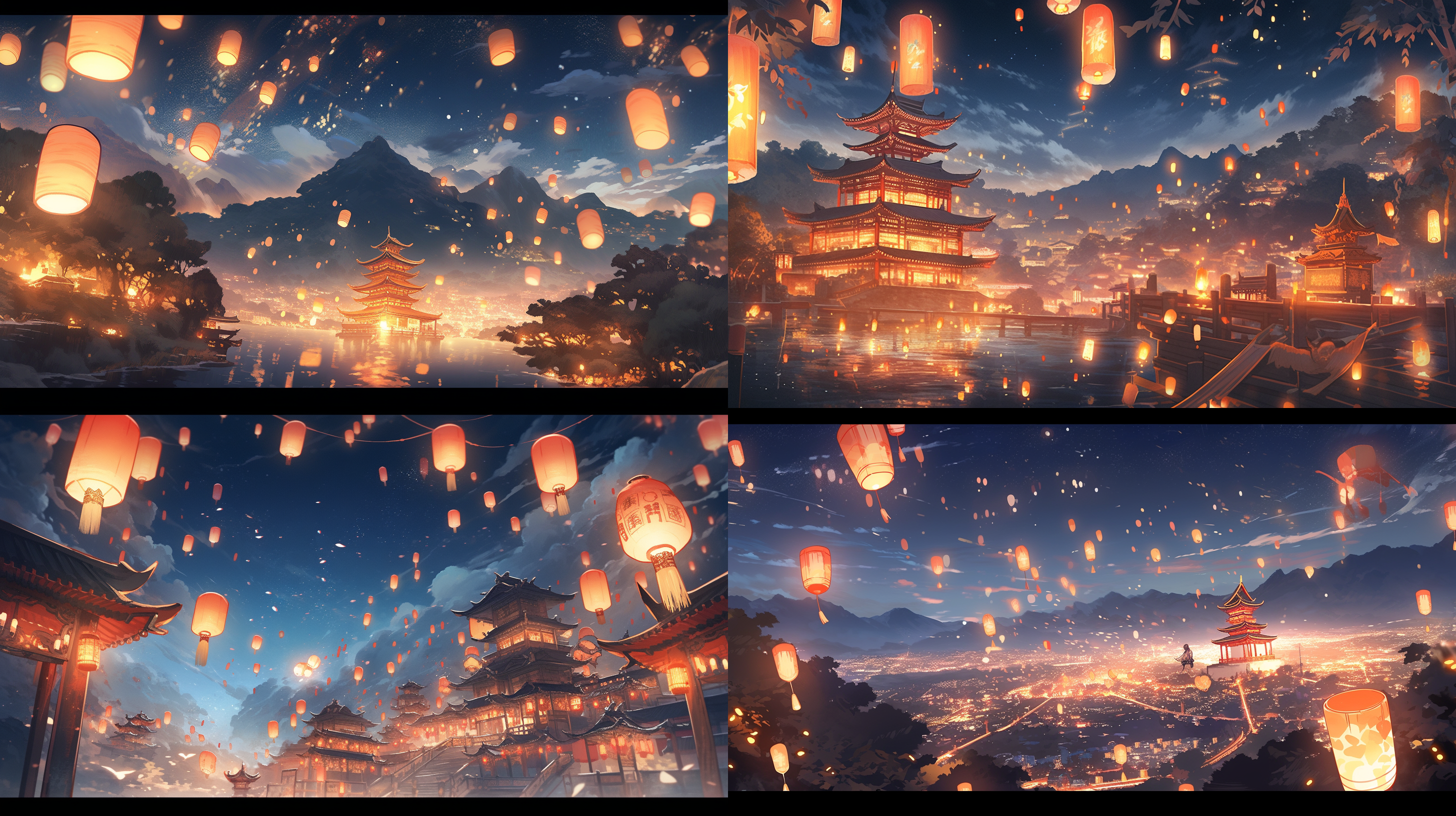 风景插画，没有人，天空之城，孔明灯飘满天空，夜晚，超高画质，超高分辨率，超高细节，新海诚