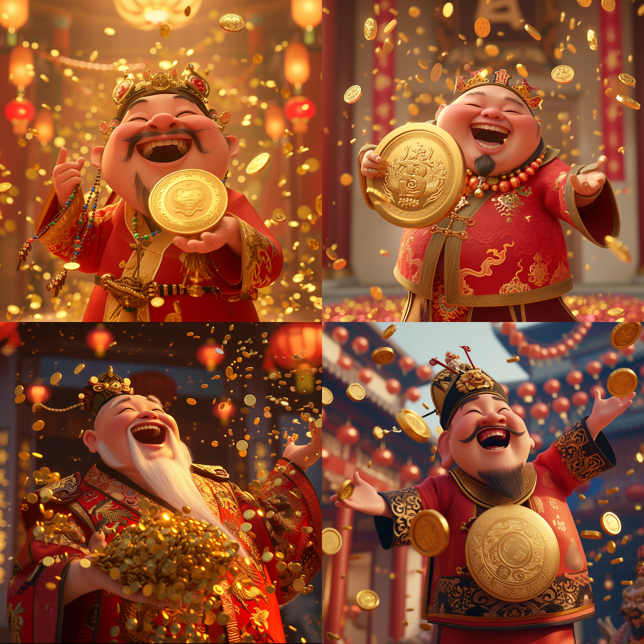 财神以pixar风格为灵感，穿着财神服饰，手持一枚巨大的金币，嬉笑怒骂，全身呈现正面视角，天空中飘落着一串串金币，创造出炫目喜庆的氛围，非常欢乐。这个庄严的形象以pixar的方式捕捉到了丰收和庆祝的精神。8k-ar 3:4- stylize 250- v 6.0