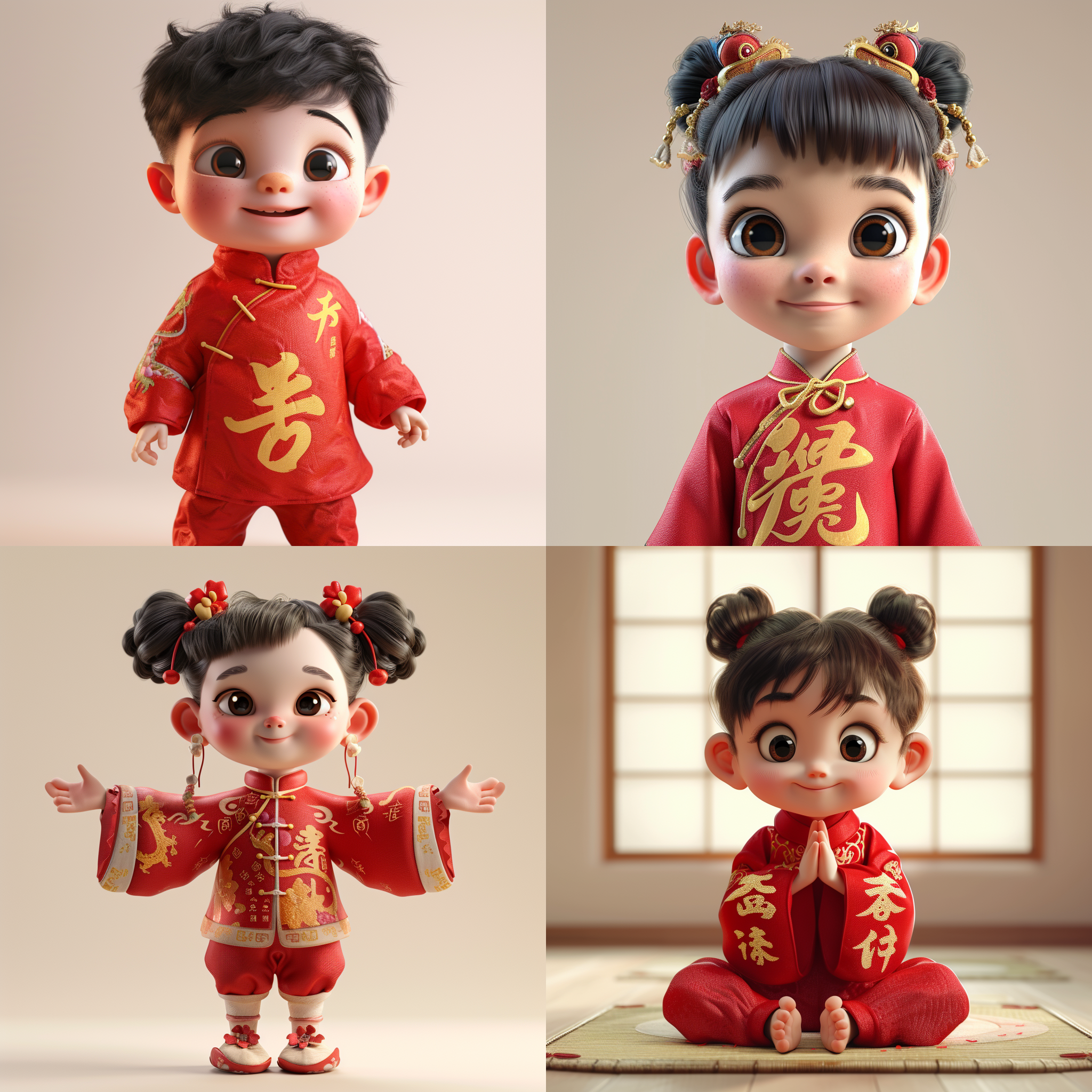 孩子穿着红色装束，有中国字样，采用vray风格，卡通化的角色设计，32k uhd分辨率，龙文艺术，浅米白和白色背景，高对比度阴影，可爱且色彩丰富。