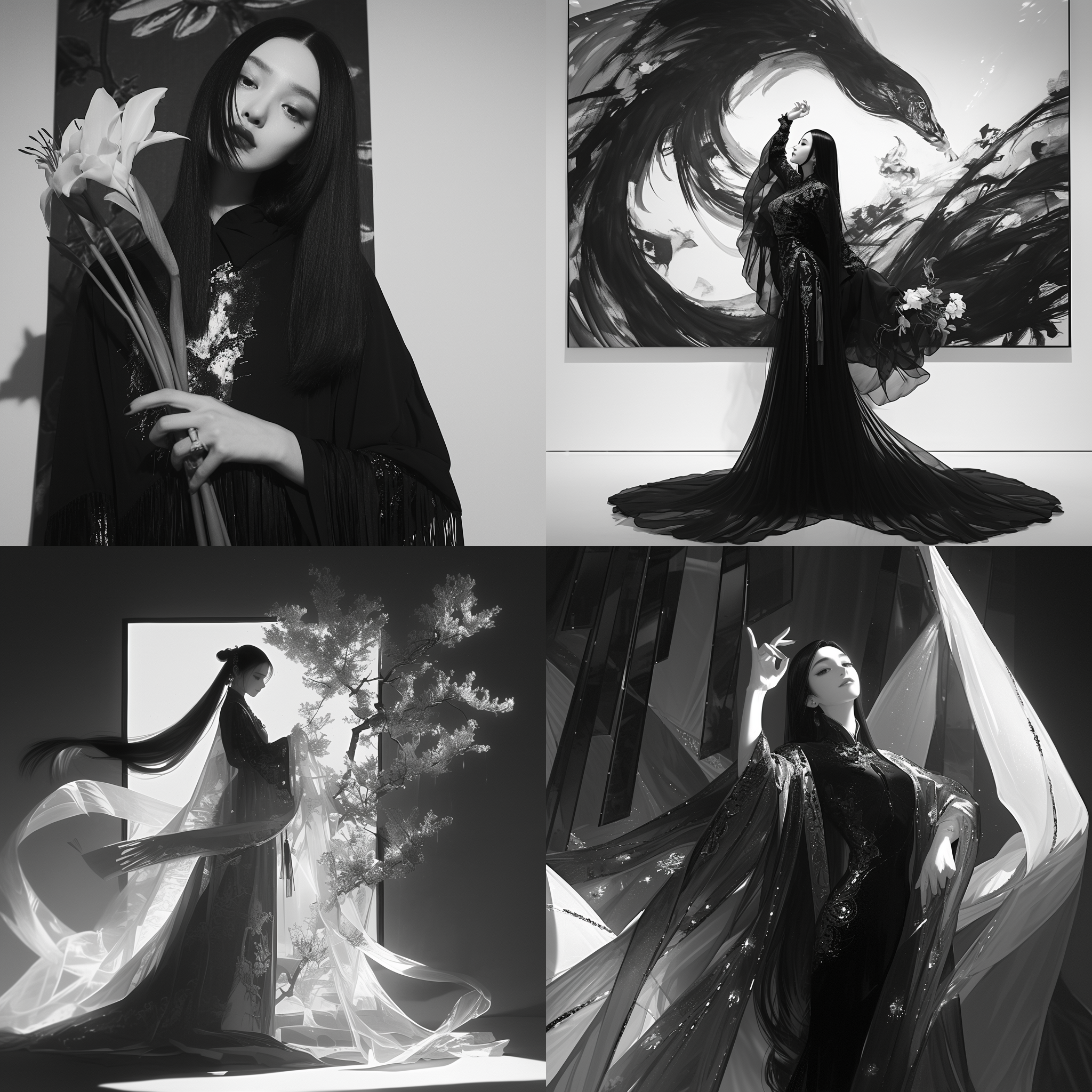 中国模特，身着流苏长裙，妆容精致，黑色长发飘逸。她站在一个艺术装置前，摆出优雅的动作，手中拿着一朵鲜花，微笑着看向镜头。照片采用高对比度的黑白风格，突显模特的神秘和自信。