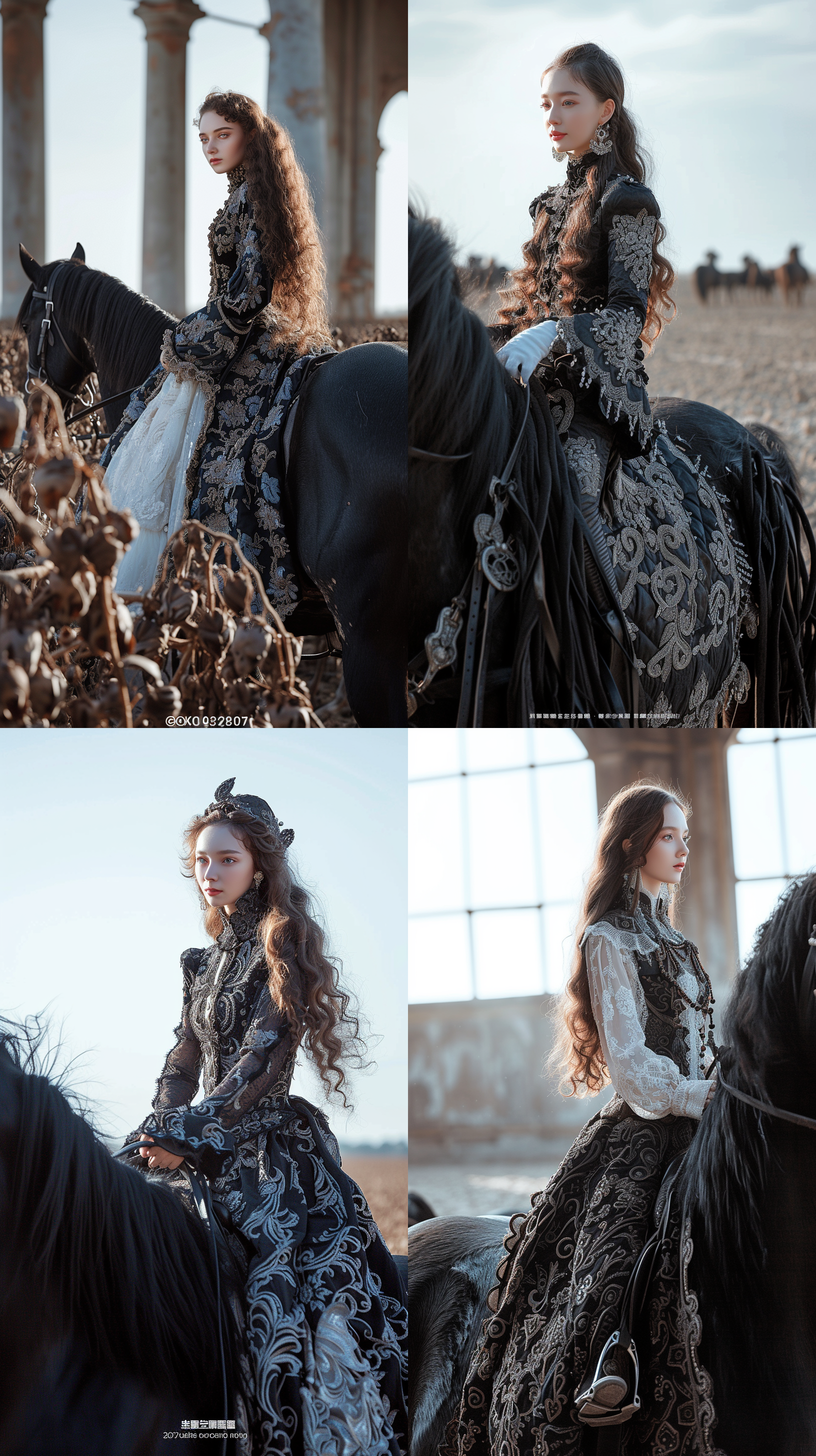 prompt. 民族少女骑黑马，景大人小，细致面部轮廓，高清晰度，深情眼神，侧光，肤色质感，反差强烈，飘逸长发，古典服装，丰富细节，自信微笑，静态拍摄，明亮的眼睛，金色和黑色，点彩光学混合，32k uhd，视觉和谐，标准画面。