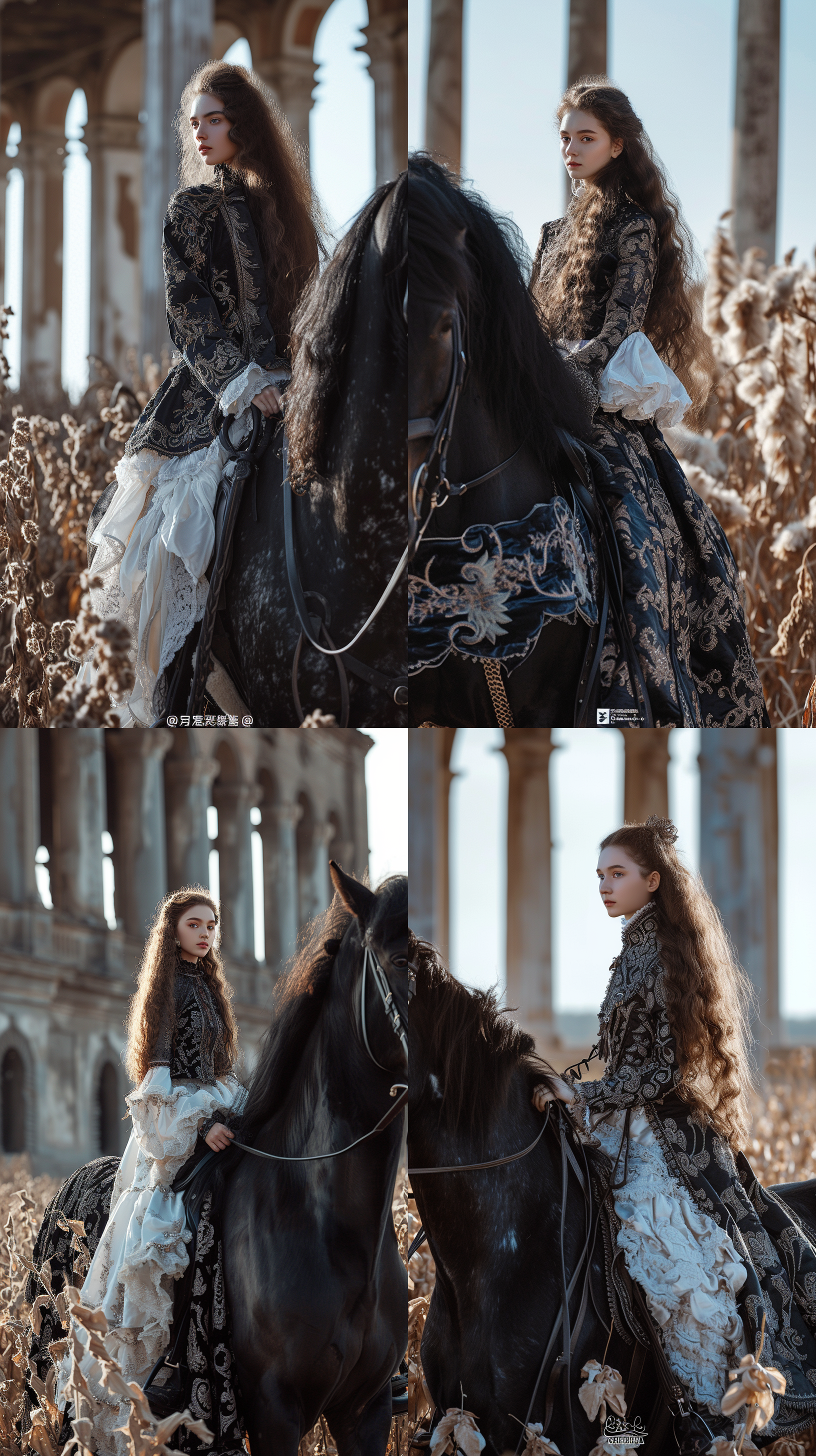 prompt. 民族少女骑黑马，景大人小，细致面部轮廓，高清晰度，深情眼神，侧光，肤色质感，反差强烈，飘逸长发，古典服装，丰富细节，自信微笑，静态拍摄，明亮的眼睛，金色和黑色，点彩光学混合，32k uhd，视觉和谐，标准画面。