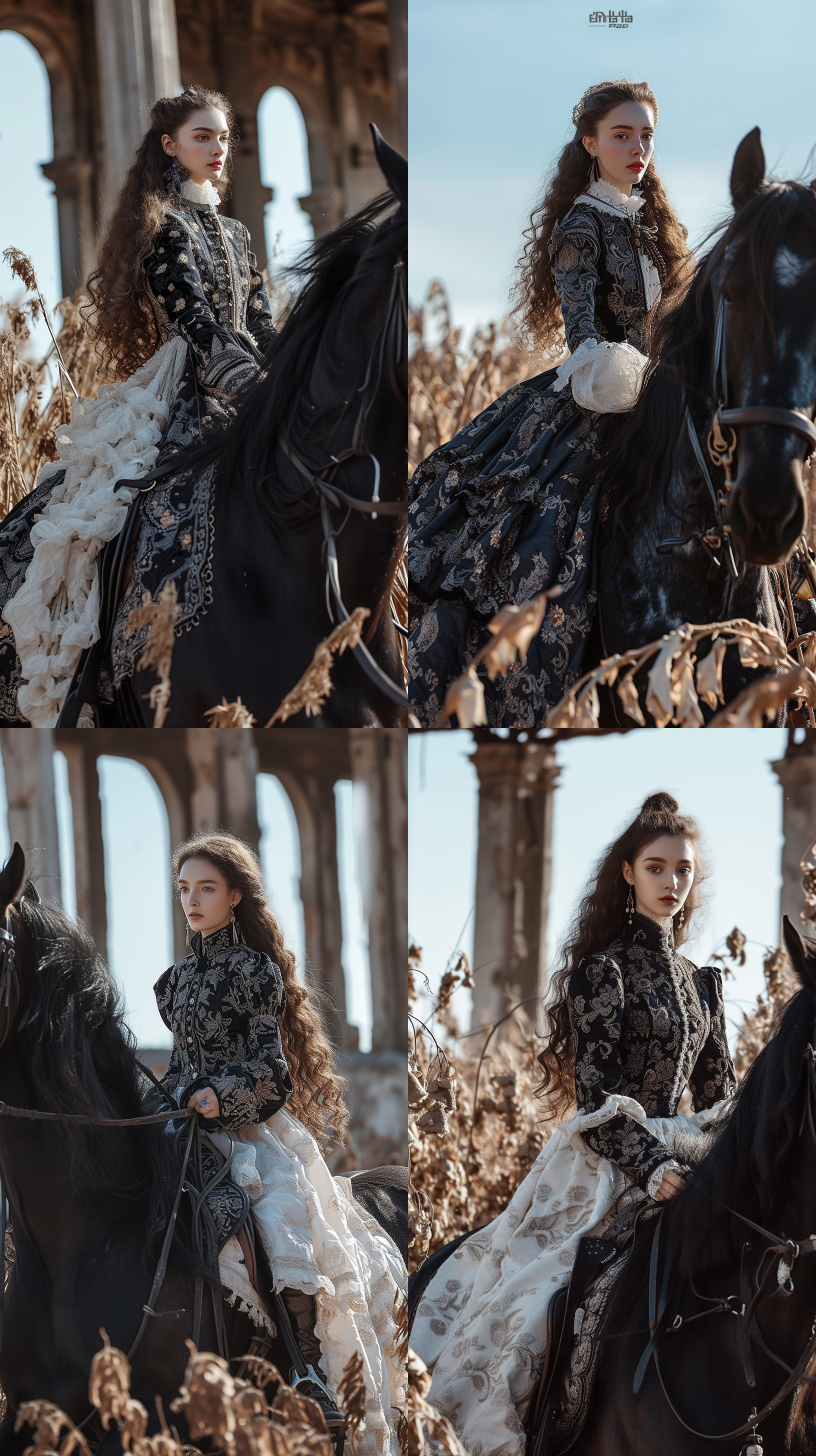 prompt. 民族少女骑黑马，景大人小，细致面部轮廓，高清晰度，深情眼神，侧光，肤色质感，反差强烈，飘逸长发，古典服装，丰富细节，自信微笑，静态拍摄，明亮的眼睛，金色和黑色，点彩光学混合，32k uhd，视觉和谐，标准画面。