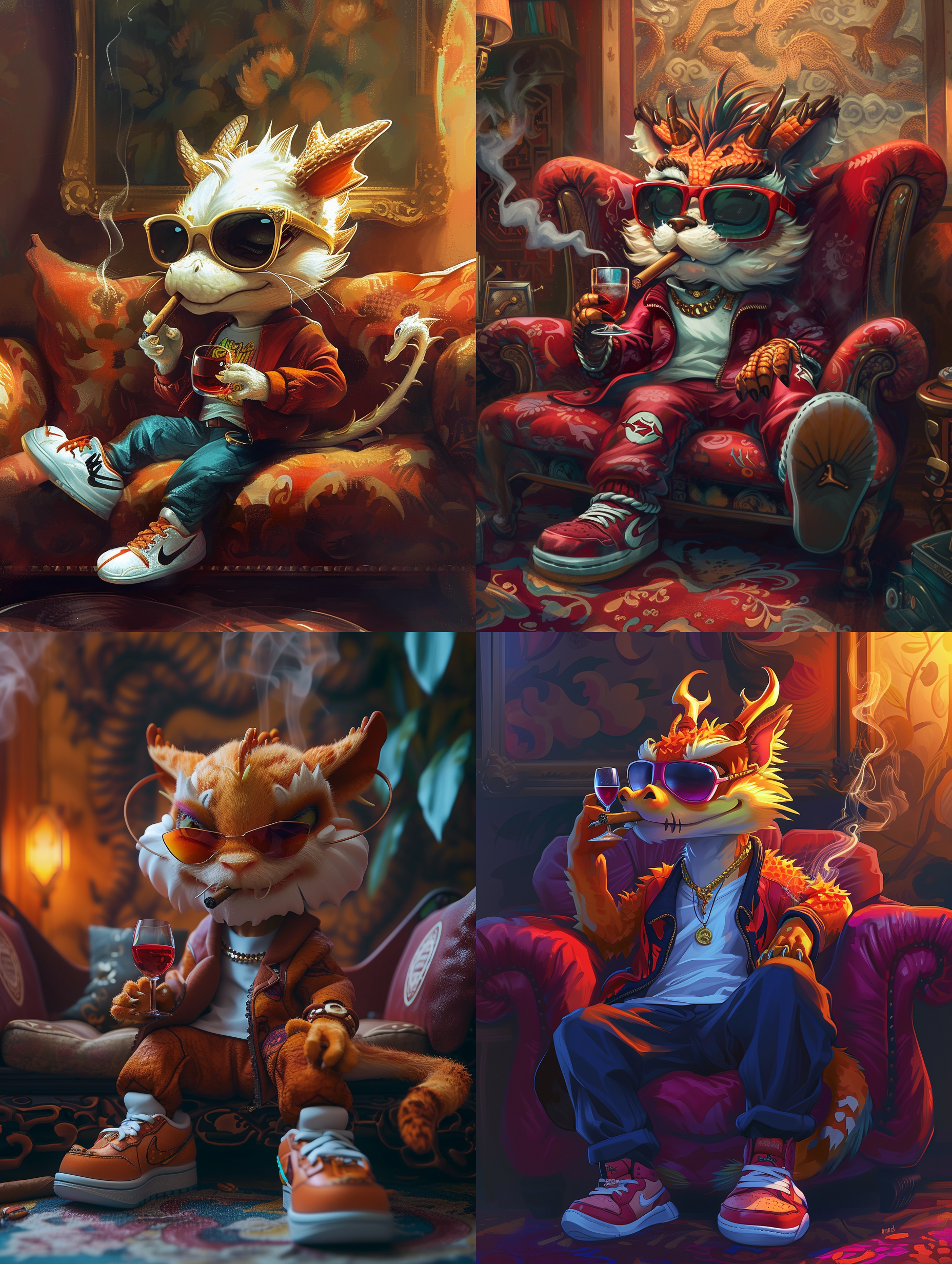 prompt. 中国龙幼崽，皮克斯风格，人性化，时尚服装，耐克aj鞋，墨镜，酷炫表情，大沙发，嘴叼雪茄，左手握着红酒杯，色彩丰富，暖色调，抽象背景，柔和光线，温馨，幽默。