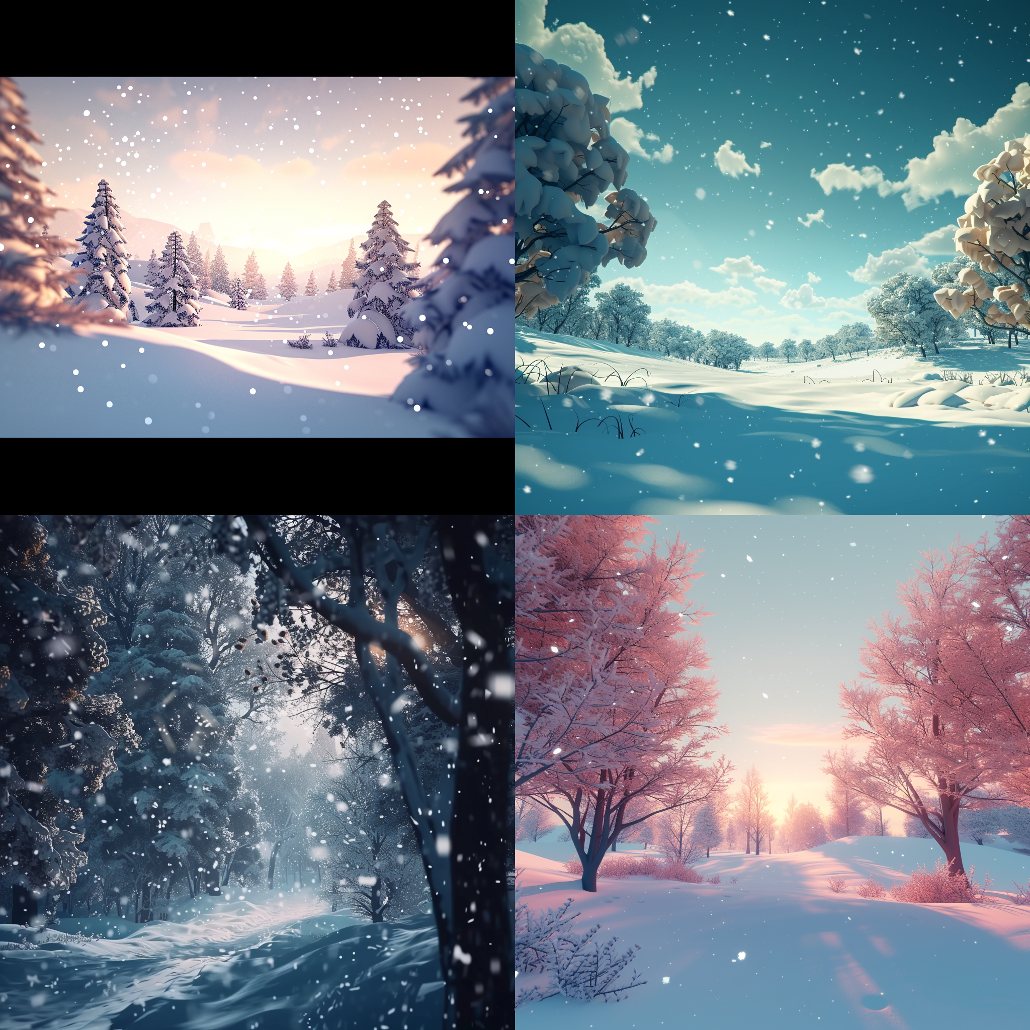 prompt. 大雪飘扬，远景冷色，雪中树木，雪花纷飞，极低角度，超广角镜头，自然光，静态，冷静，安宁。 动画艺术 卡通