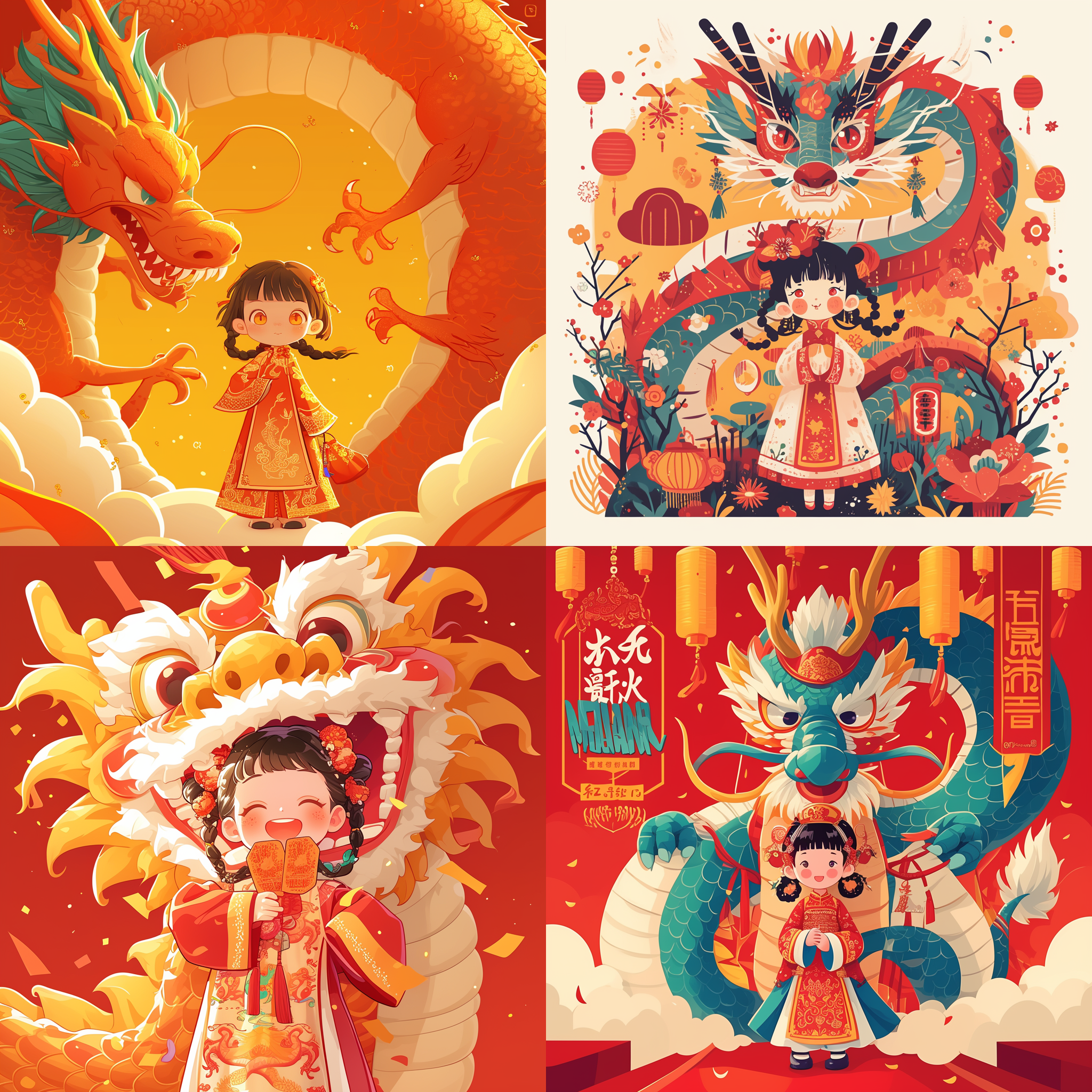 穿唐装的中国小女孩 传统春节 一条巨大的中国龙 春联字符 彩色节日背景