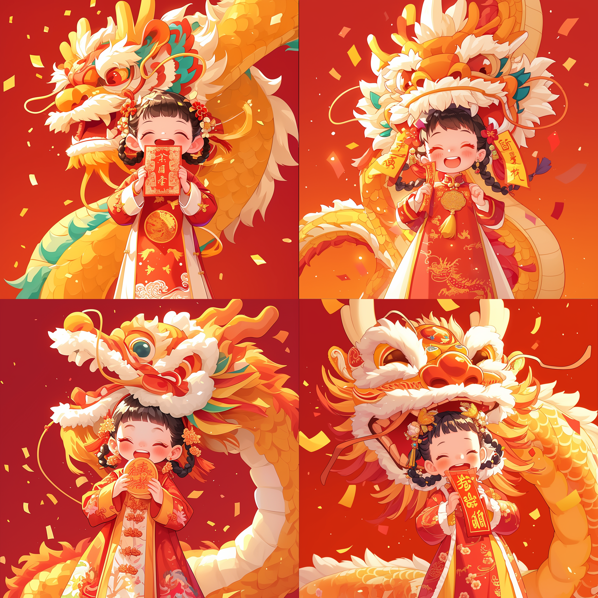 穿唐装的中国小女孩 传统春节 一条巨大的中国龙 春联字符 彩色节日背景