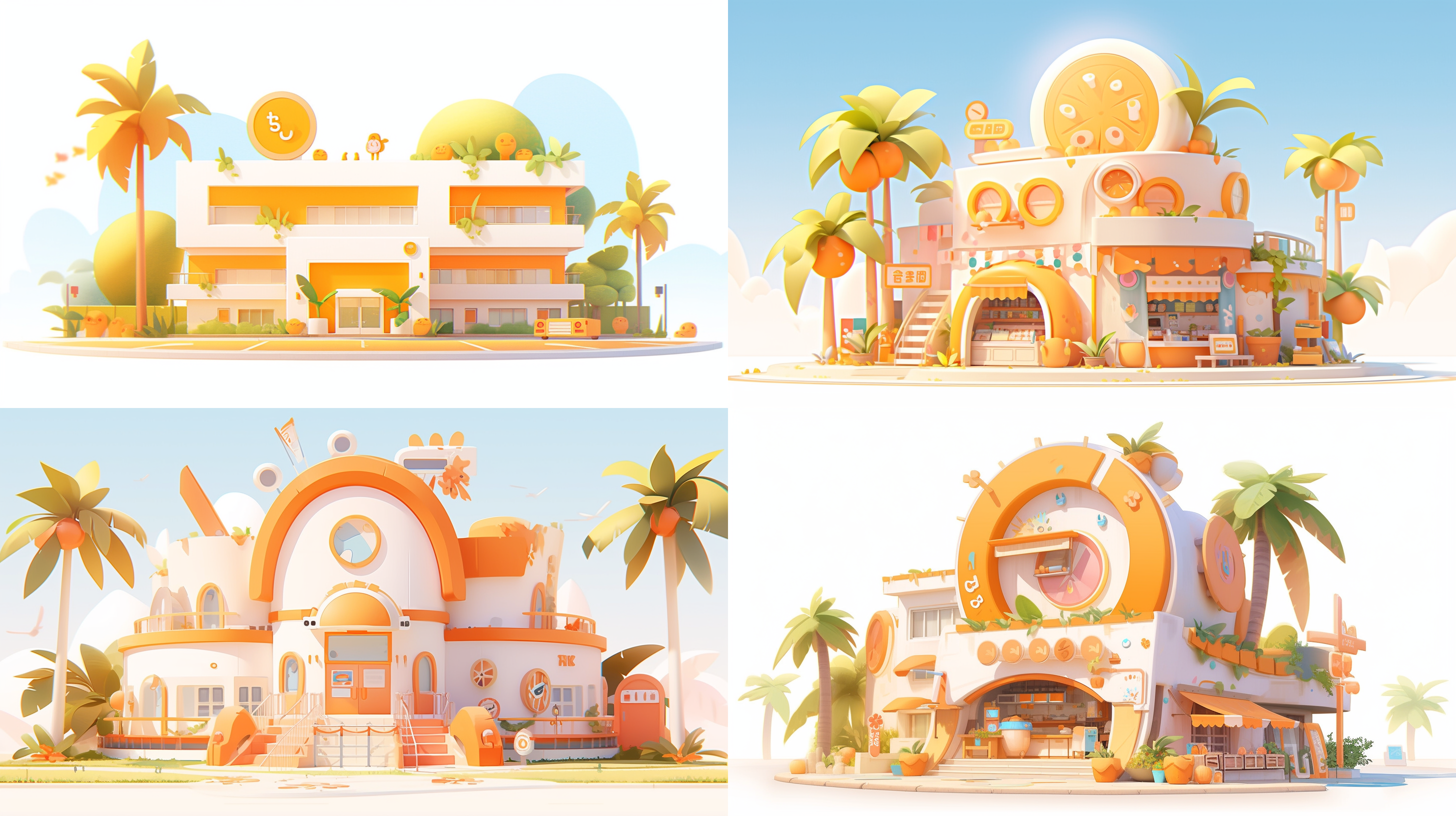 一个可爱的学校建筑，橘白色，椰树，站得自然饱满，高端自然配色，明亮和谐，可爱多彩，光线追踪，泡泡商城风格，设计简洁，ip盲盒形象，人物设计细节，有趣的人物设计，行为，海派，有机雕塑，c4d风格，卡通写实，图书插图风格，4k展示