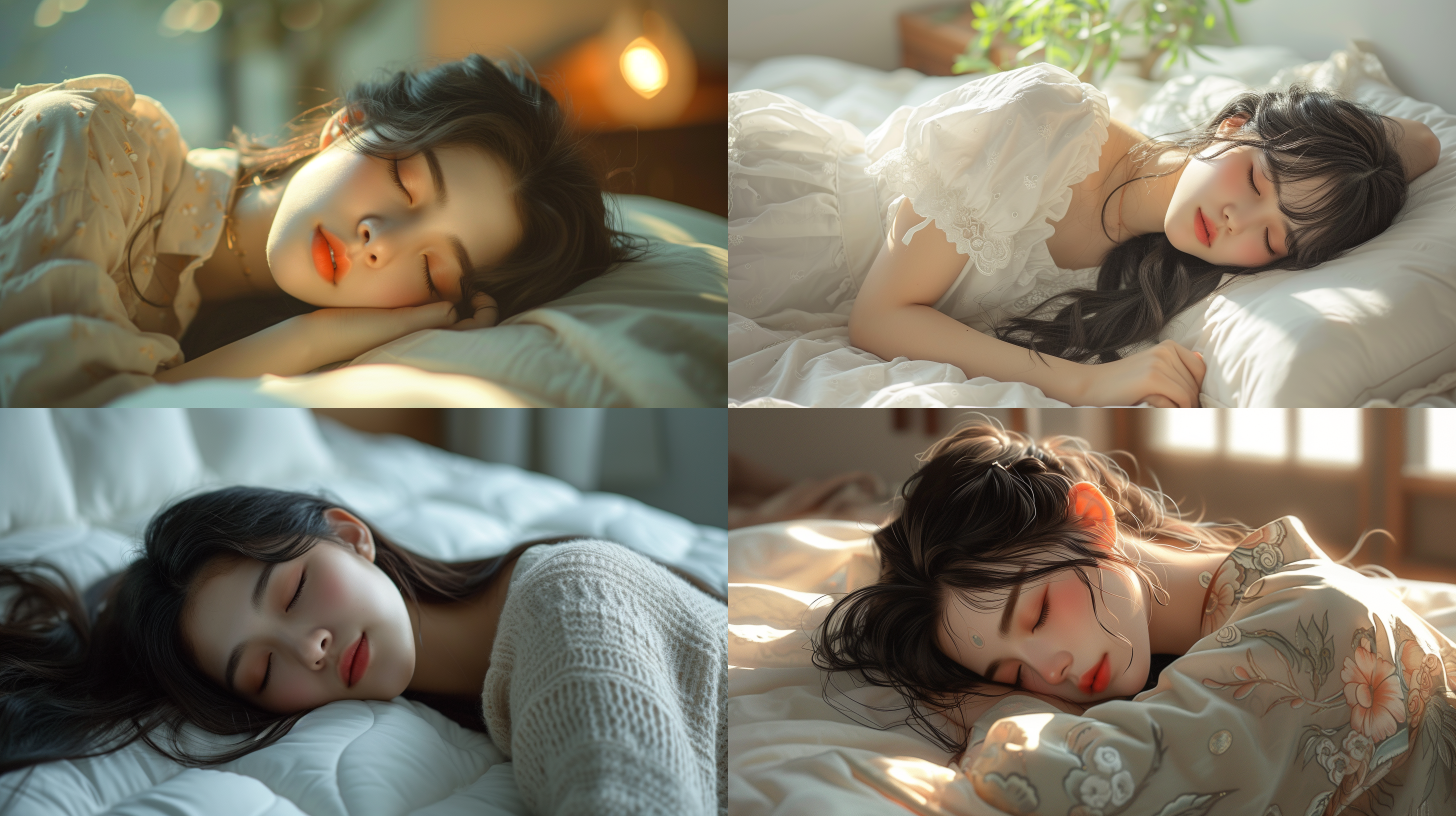 东方女士，美女，黑头发 侧睡在舒服的白色床垫上 全身 侧睡