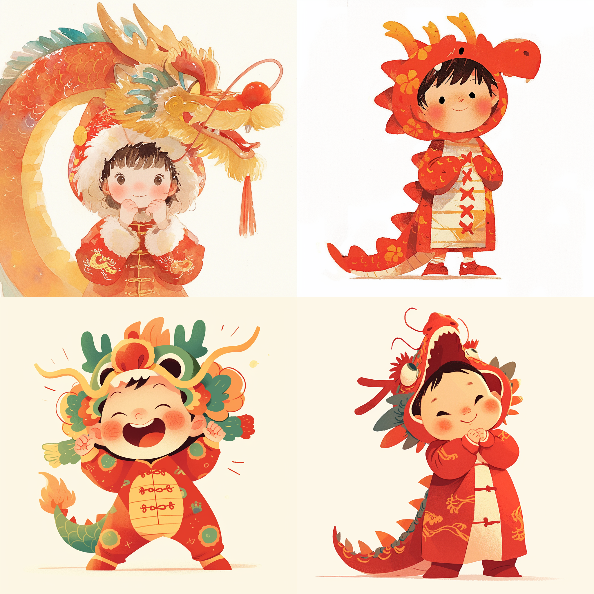5岁婴儿宝宝，传统龙衣，可爱，平面插画风格，明亮色彩，柔和光线，室内布景，低角度，笑脸，童真，快门优先，长焦镜头，红色主题，欢乐。背景白色。