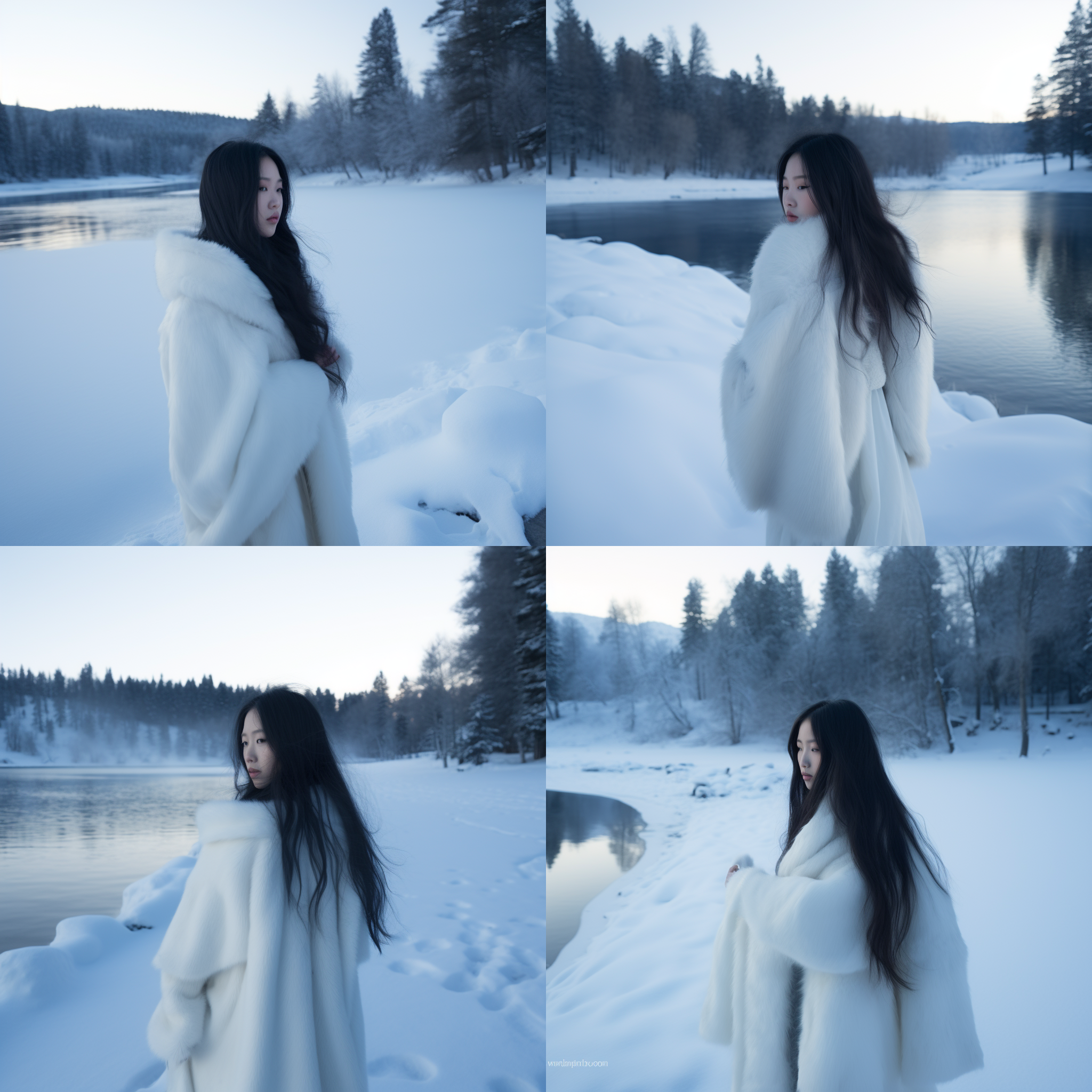 中国女孩在冰雪中，长发飘扬。全身呈优雅姿态，摄影写真风格。超清渲染，雪天背景，突出冷色调和纯白色雪景。透过广角镜头，呈现出宽广的环境。冰雪美景与女孩的柔美形成鲜明对比，传达出纯洁、清新的情感。