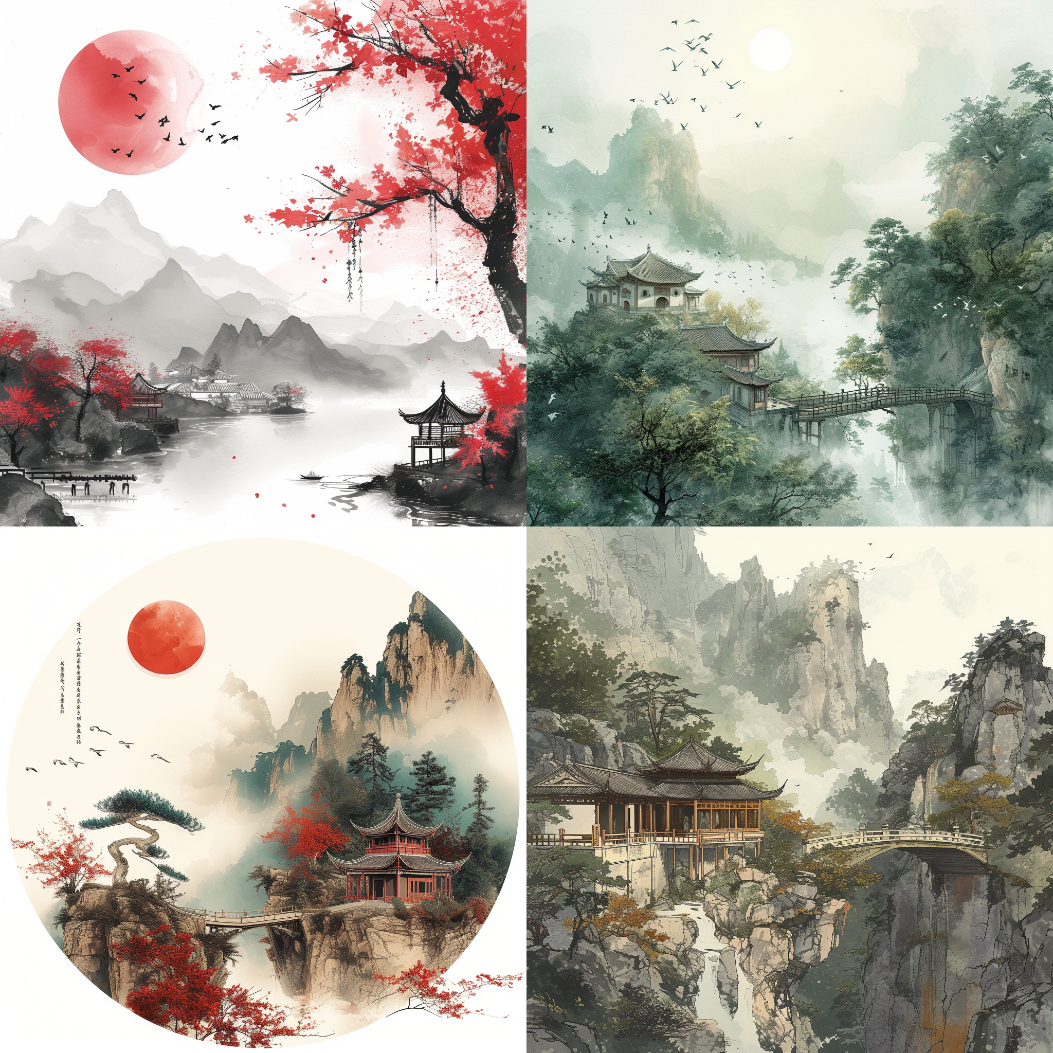 山水插画，中国元素，传统文化，山海经，水墨风格，丰富色彩，细腻线条，透视角度，自然景色，和谐氛围，神秘感，平衡构图，精致细节，艺术创作，梦幻情境。