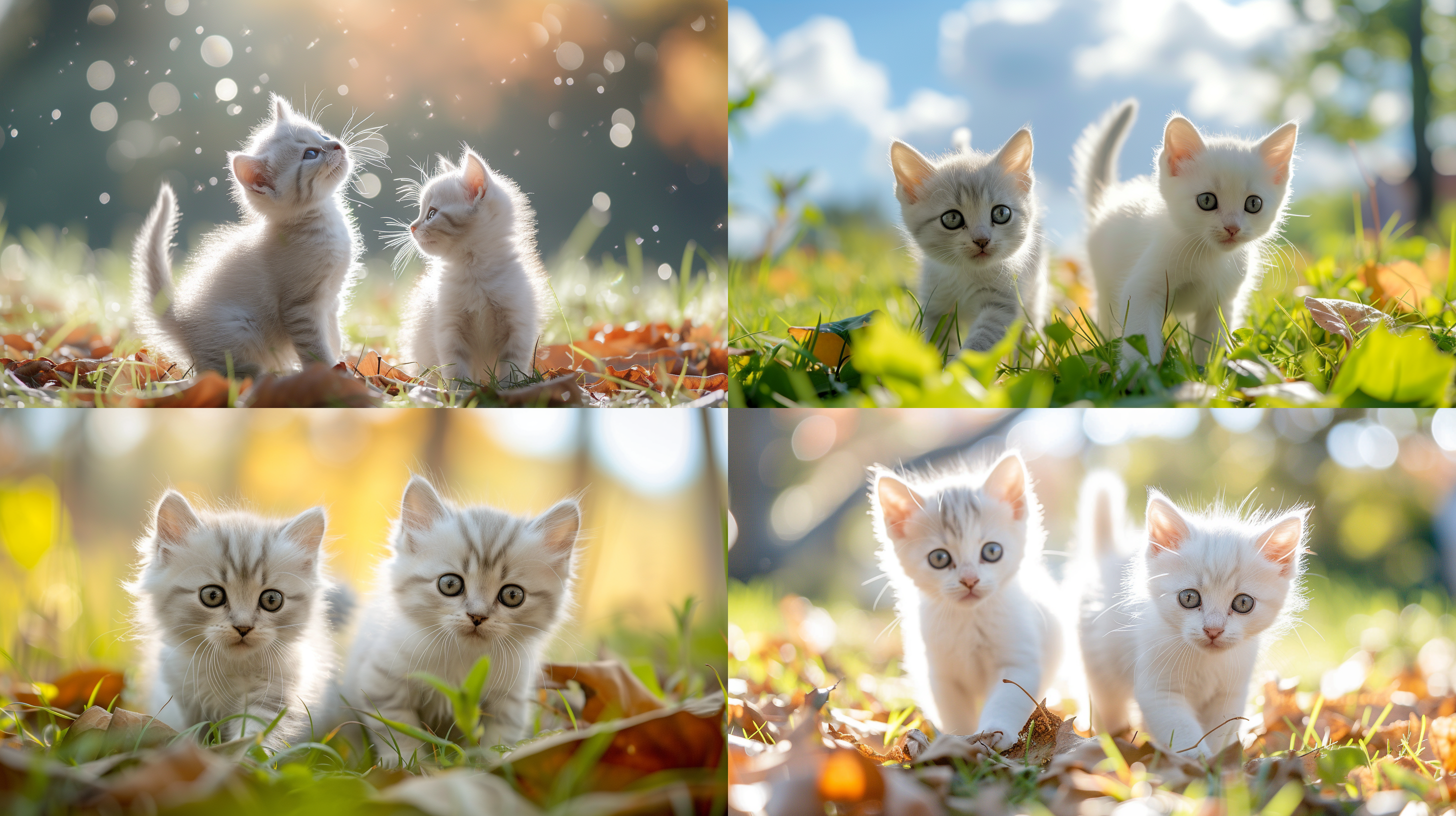 摄影，两只可爱的白色小猫咪，银渐层，呆萌，躲在树叶下玩耍，它穿着白色的绒毛外套，尾巴高高翘起，眼神充满好奇和活力。照片采用逆光拍摄，以小猫为主体，背景采用浅绿色的草地和蓝天白云，呈现出清新明亮的感觉。整体画面饱满而生动，给人一种温暖和舒适的情感。小猫, 外套, 阳光, 草地, 绒毛, 眼神, 逆光, 活力, 清新, 明亮, 温暖, 舒适。