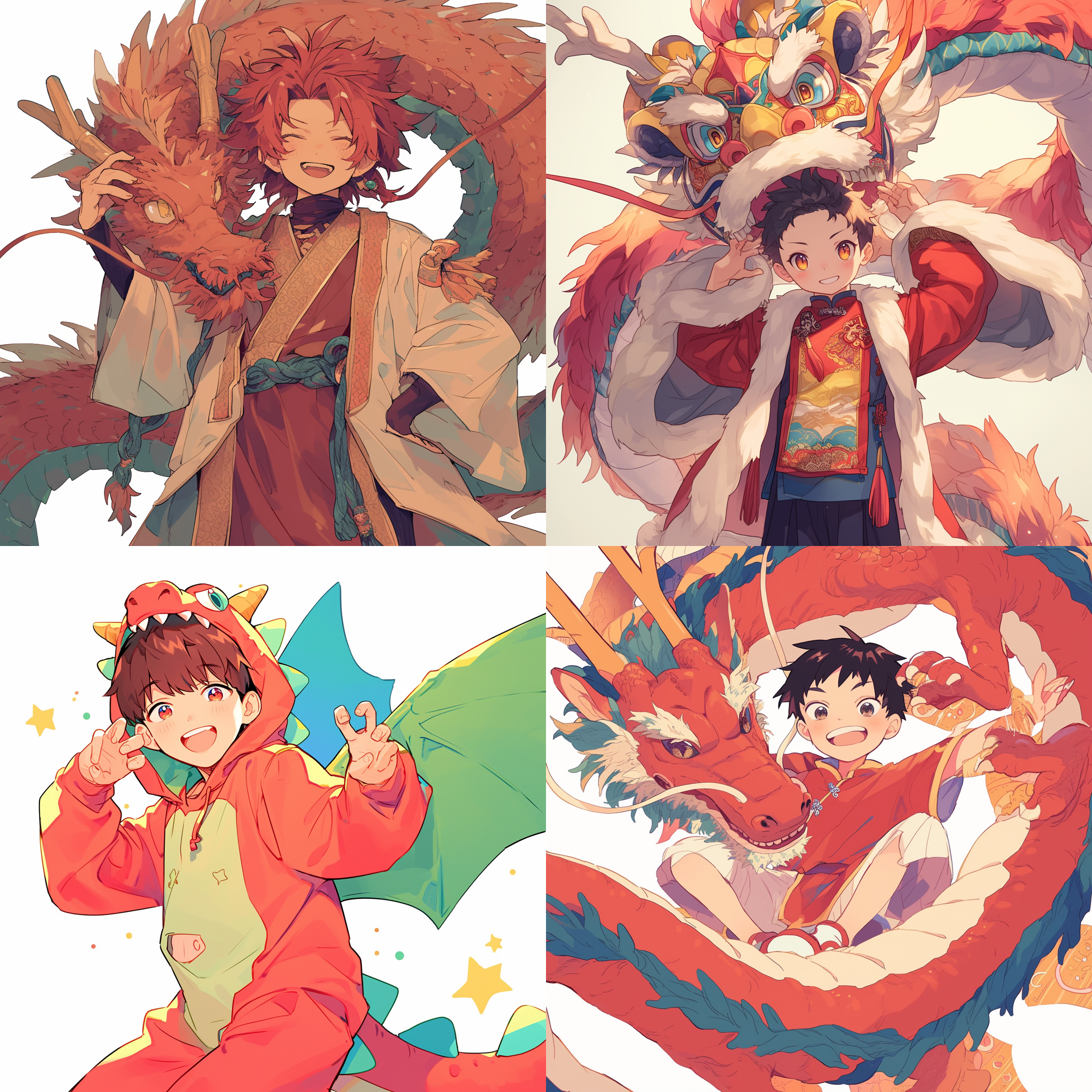 18岁男孩，传统龙衣，可爱，平面插画风格，明亮色彩，柔和光线，室内布景，低角度，笑脸，童真，快门优先，长焦镜头，红色主题，欢乐。背景白色。