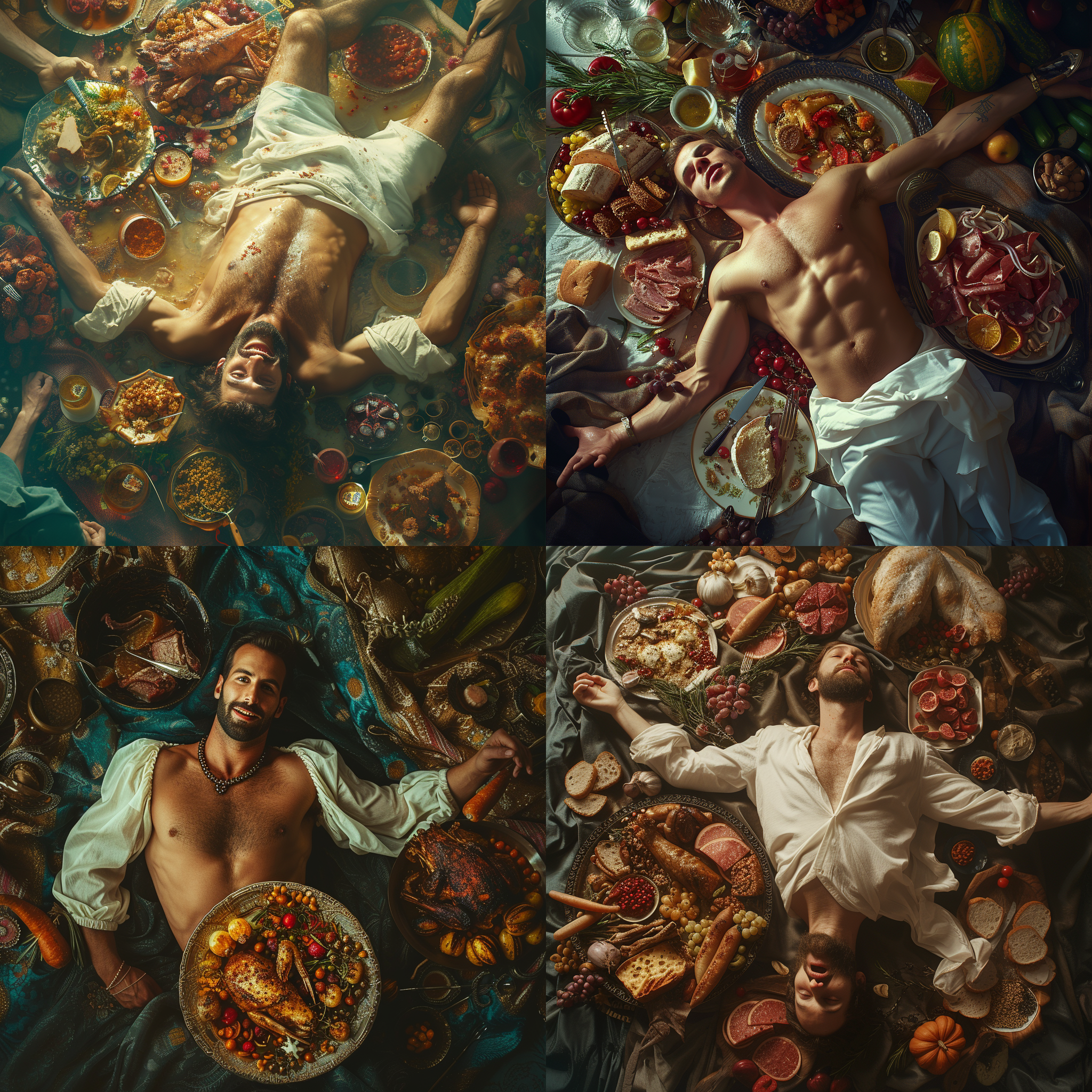 男人躺在巨大的盘子里，敞开上衣，肌肉身材，微笑面对镜头。喜庆宴席，食物丰盛。极致细节，超现实主义，电影质感，真实风格，珠光宝气，鲜艳色调。
